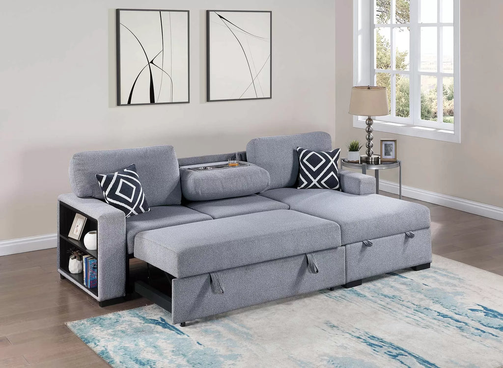 Gray sectional sofa with storage drawers in a living room setting.