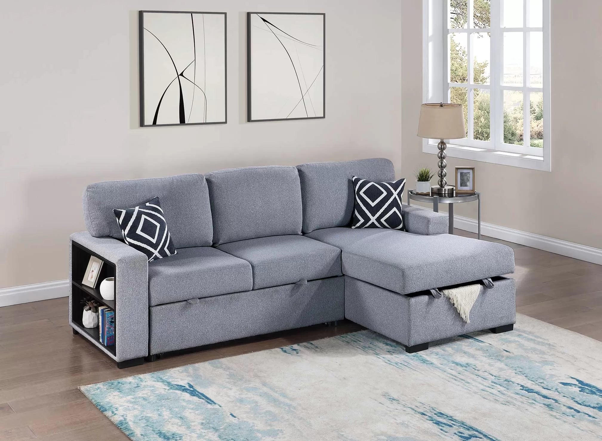 Gray sectional sofa with storage drawers in a living room setting.