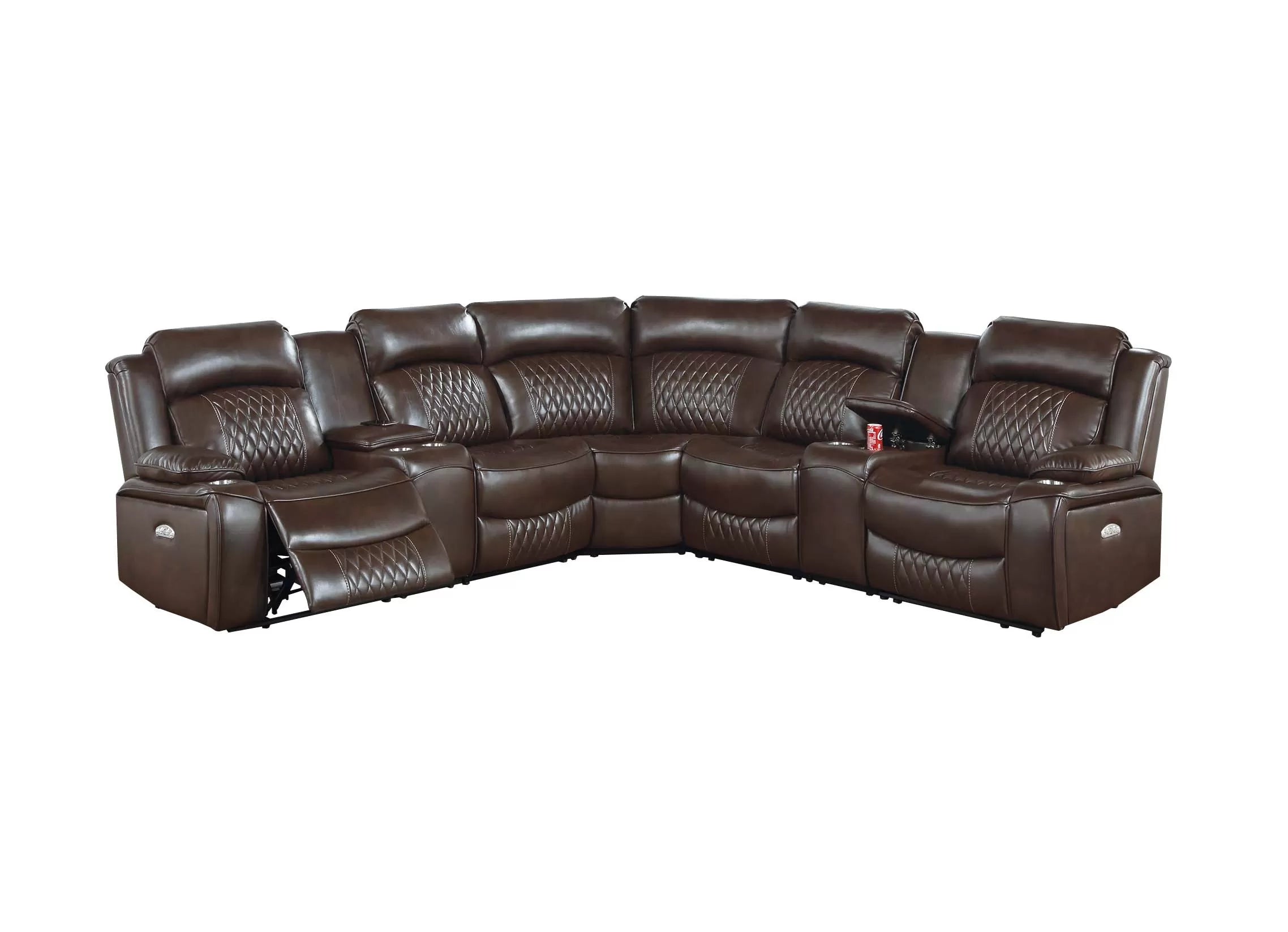Brown leather sectional sofa with reclining seats on a white background