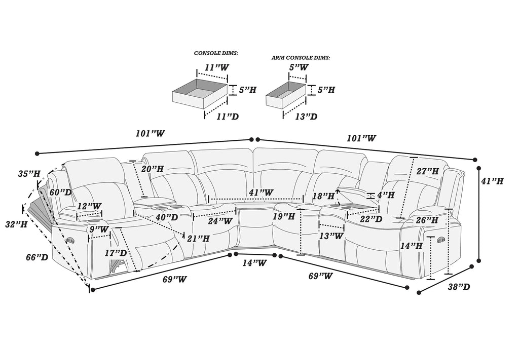 Diagram of a sectional sofa with dimensions labeled