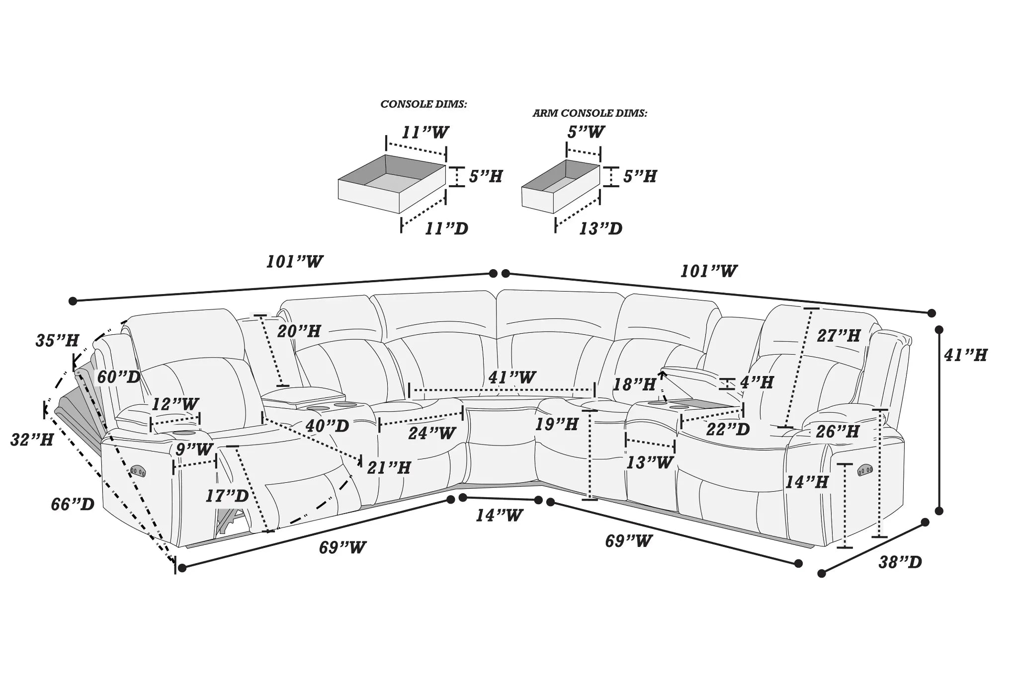 Diagram of a sectional sofa with dimensions labeled