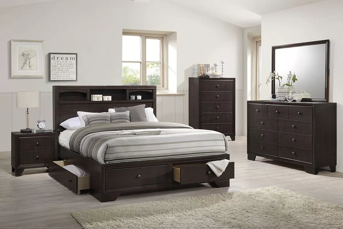 Bedroom set with dark wood furniture including a bed, dresser, and nightstands.