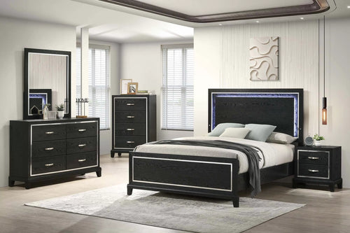 Modern black bedroom set with modern room in a well-lit room.