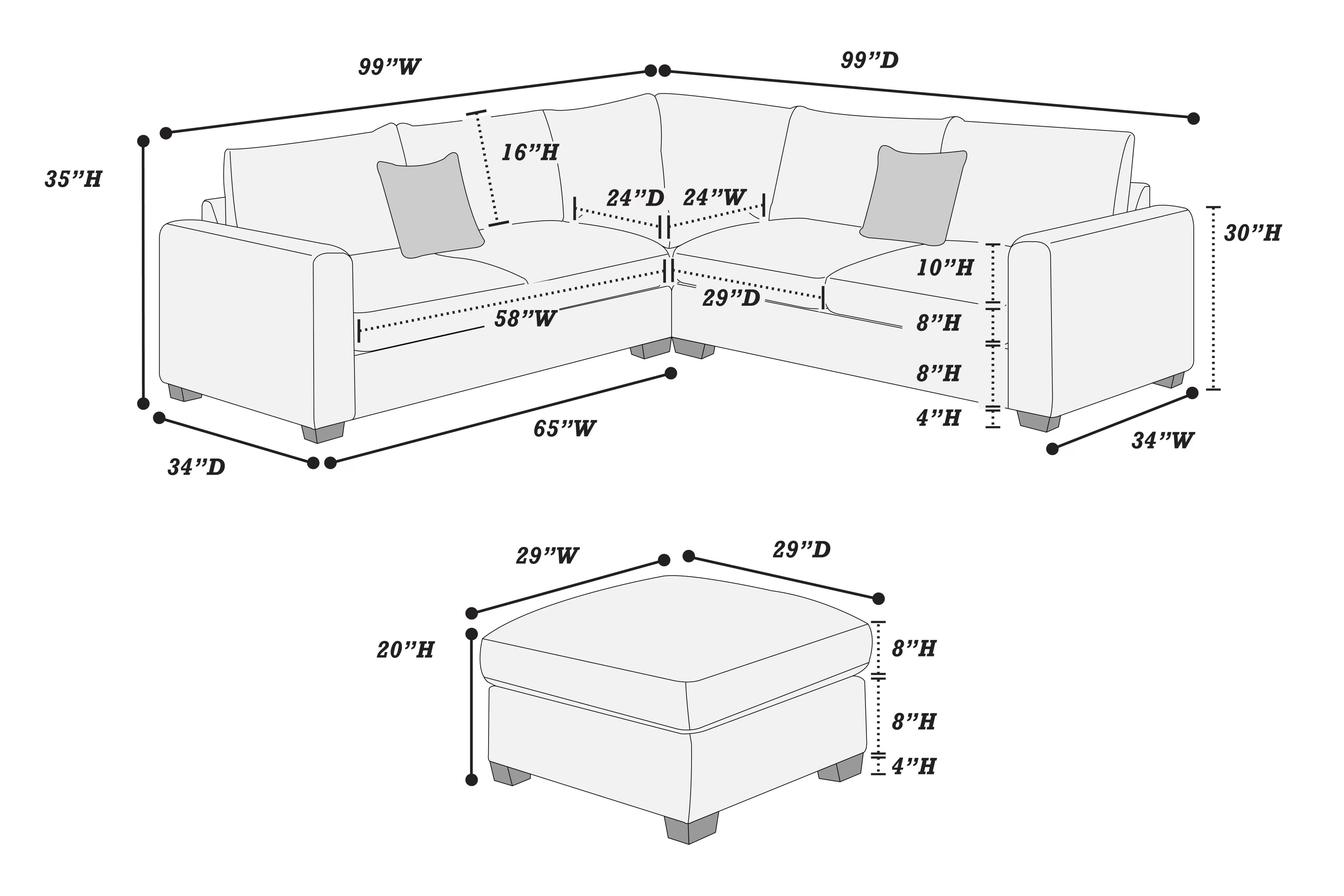 Measurement chart of a sectional sofa and ottoman with dimensions labeled.