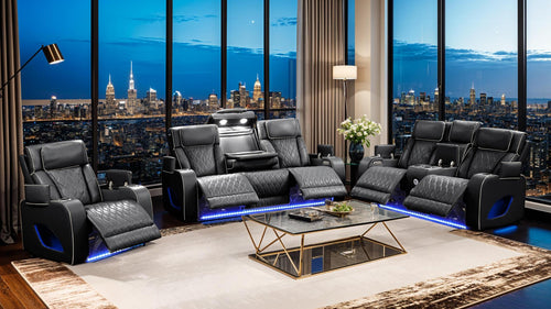 Black faux leather 3-piece reclining living room set with LED lighting, diamond stitching, cup holders, and power recline features displayed in a modern luxury penthouse overlooking a nighttime city skyline.
