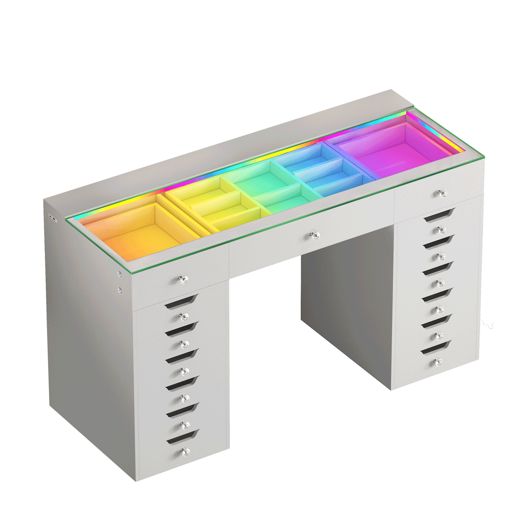 Vanitii Lisa Vanity Desk Pro with glass top and rainbow LED interior storage compartments