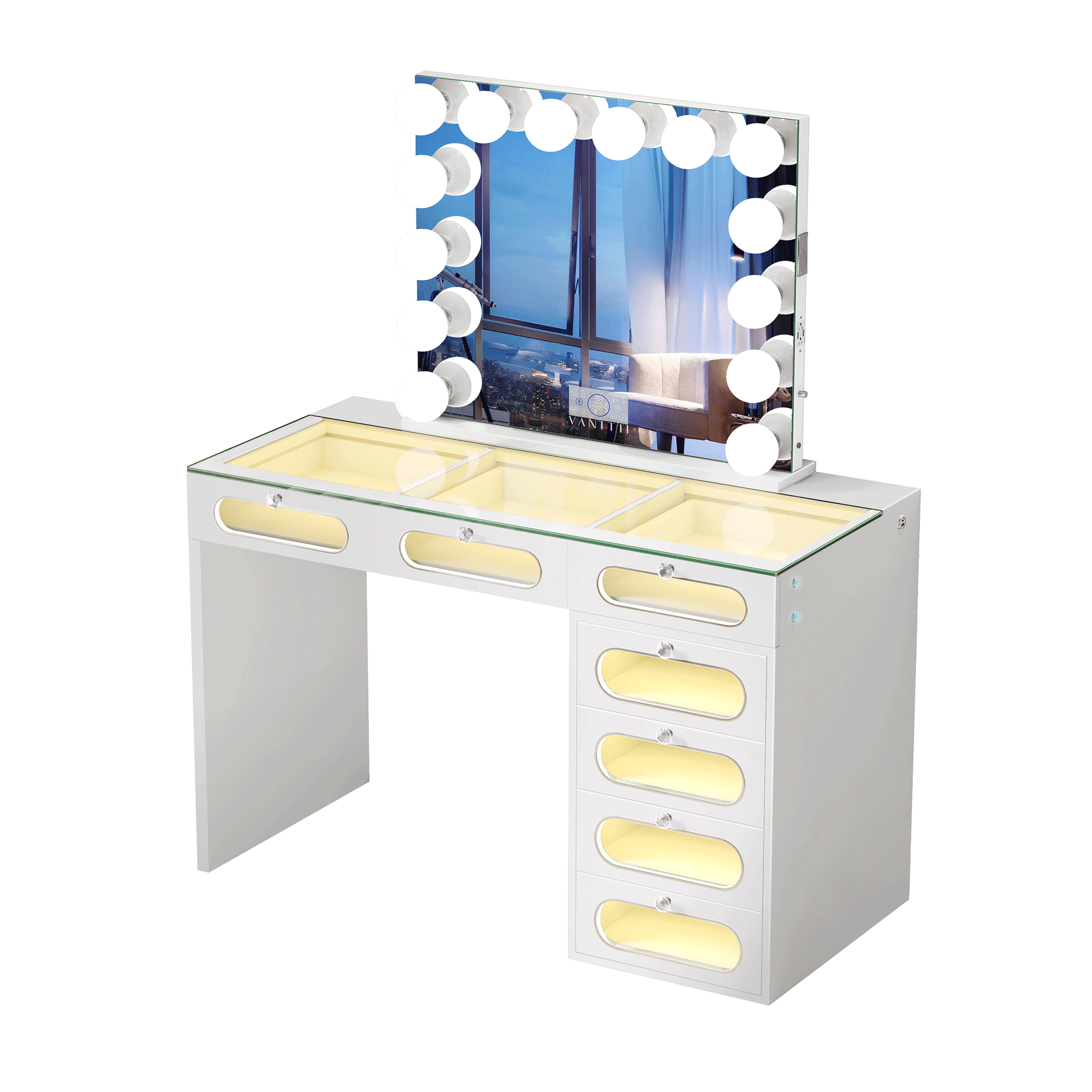 VANITII 7 Glass Fronted Drawers with Hollywood Vanity Mirror