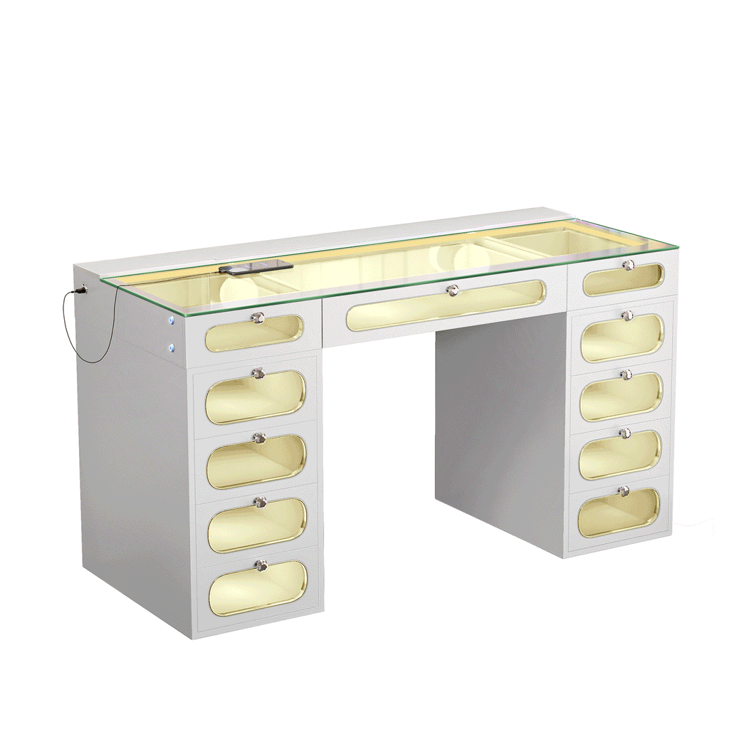 VANITII Priscilla Vanity Desk-11 Glass Fronted Drawers with Crystal Handles