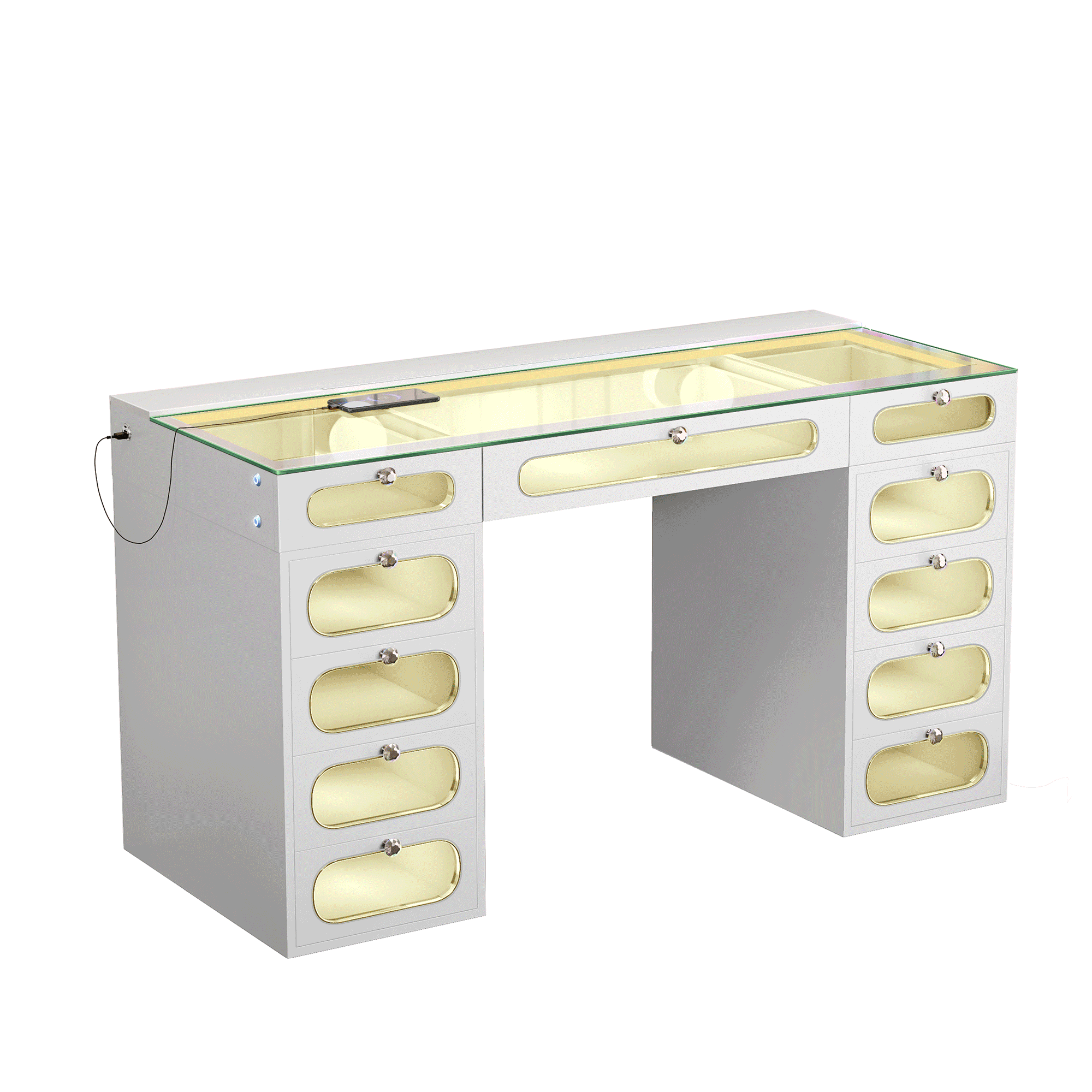 VANITII Priscilla Vanity Desk-11 Glass Fronted Drawers with Crystal Handles