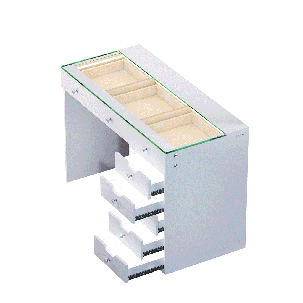 Vanitii Diana RGB vanity desk with glass top and four open storage drawers