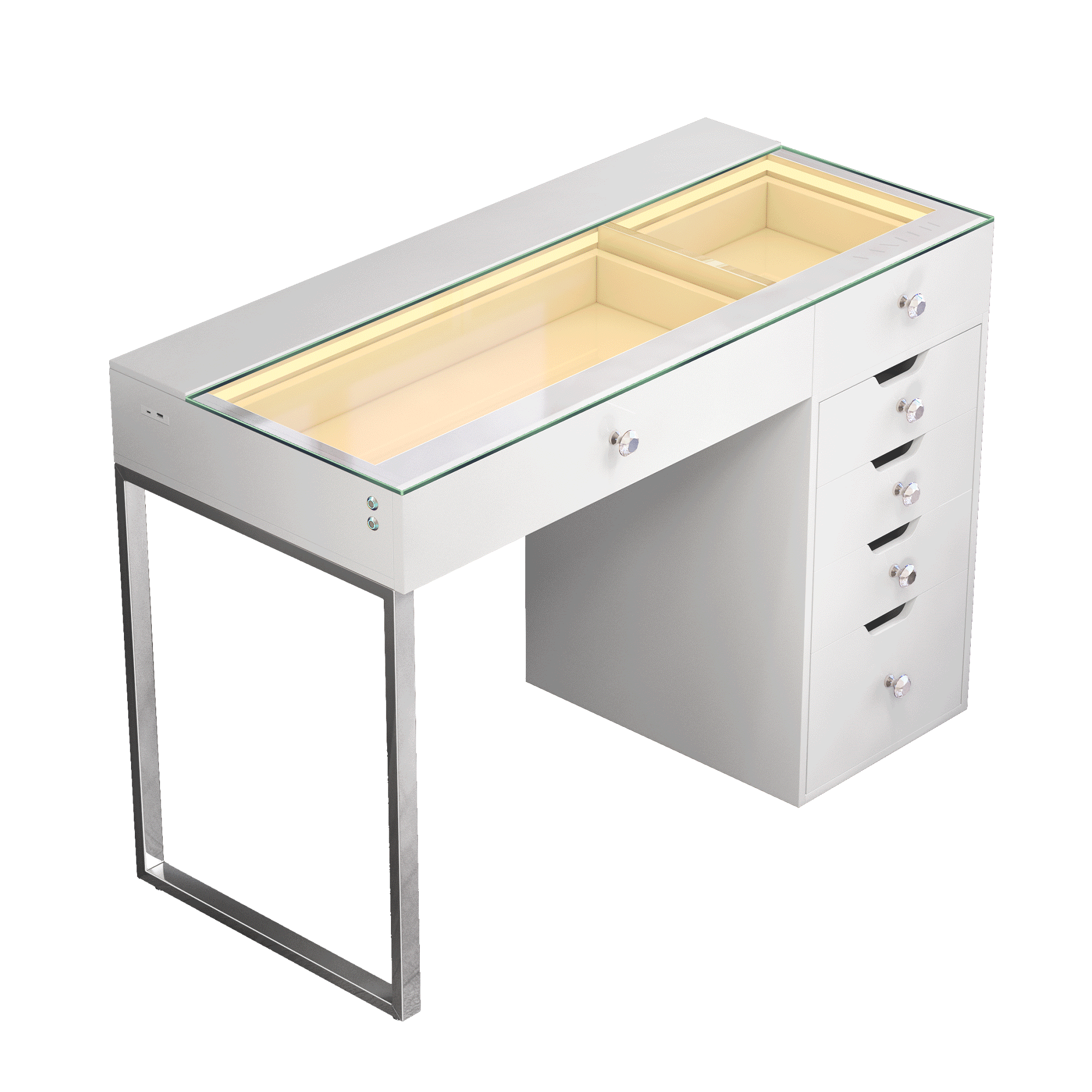 Vanitii Diana RGB vanity desk with glass top and six storage drawers