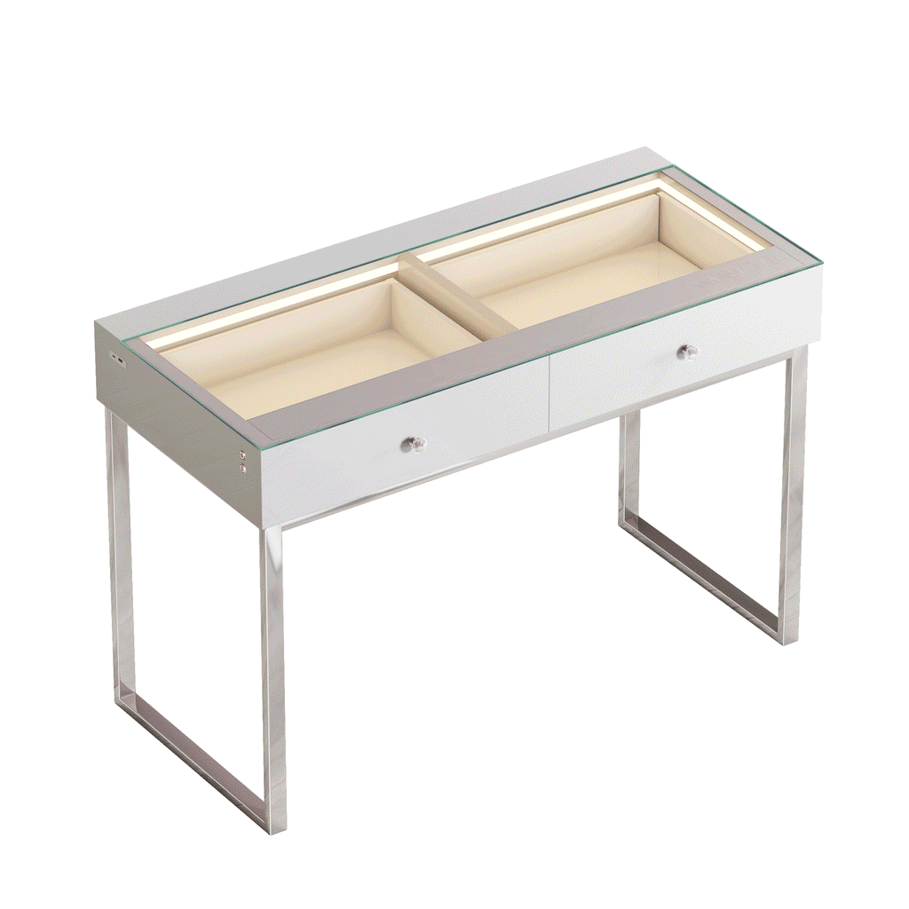 Vanitii Alice RGB vanity desk with glass top and two storage drawers on silver metal legs