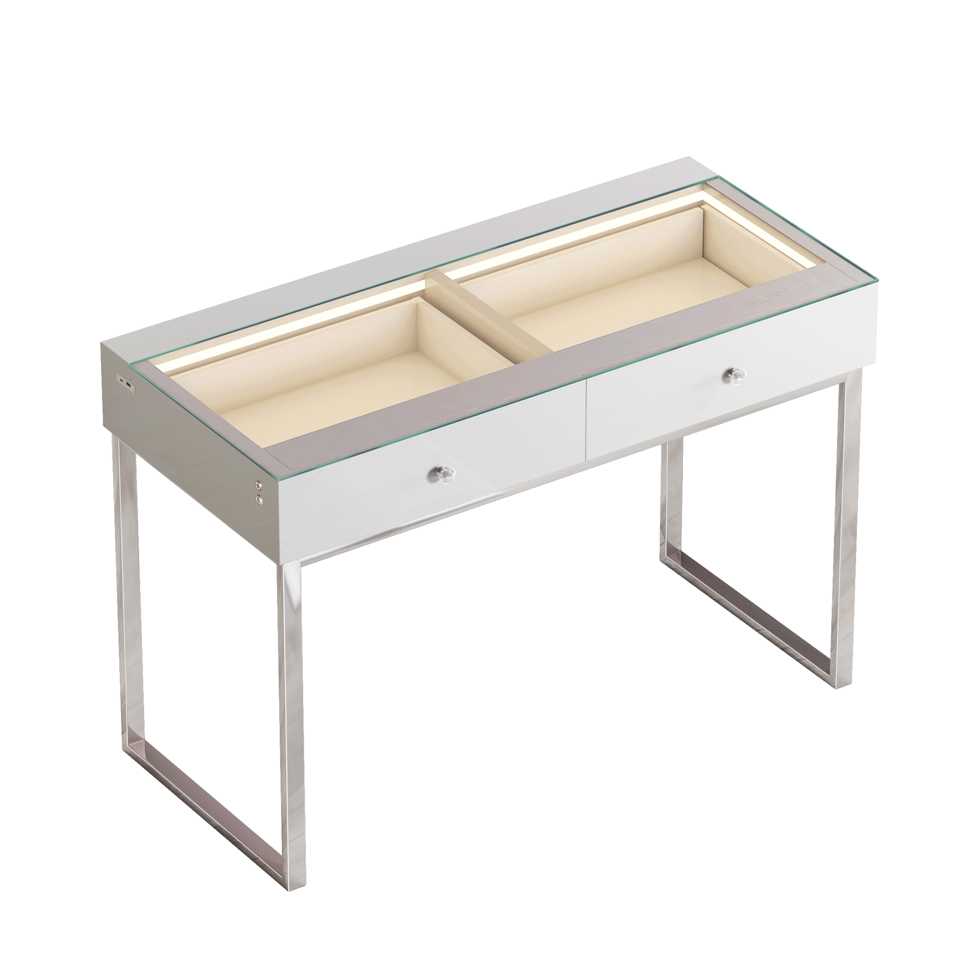 Vanitii Alice RGB vanity desk with glass top and two storage drawers on silver metal legs