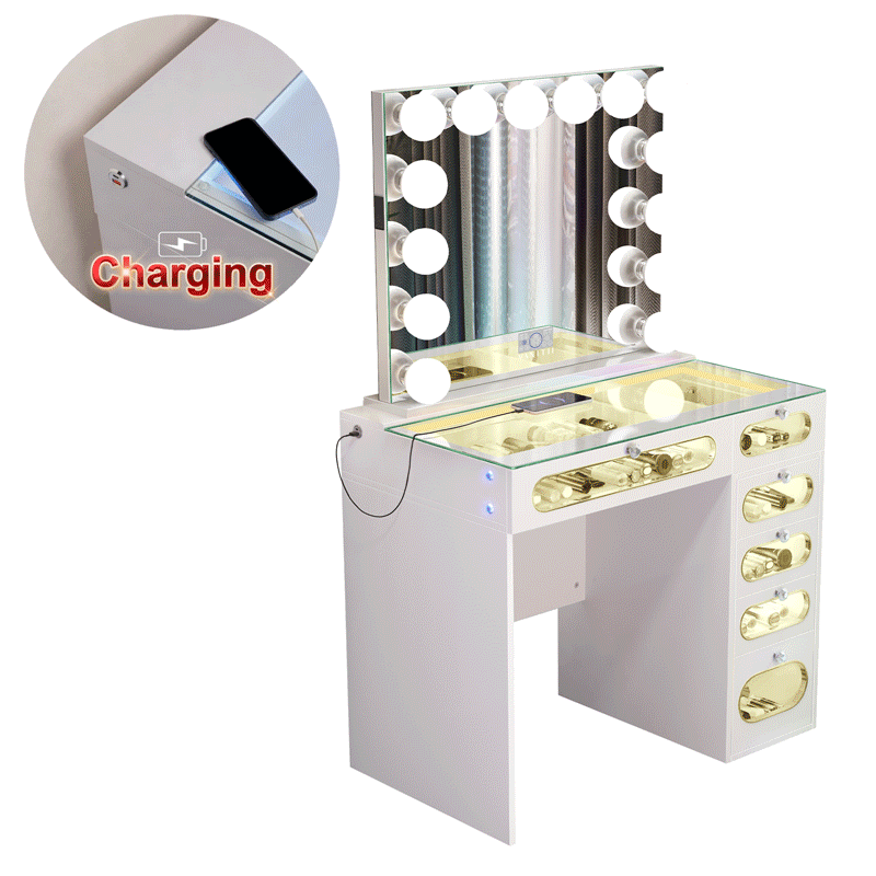 VANITII 6 Glass Fronted Drawers Vanity Desk with Marilyn Vanity Mirror