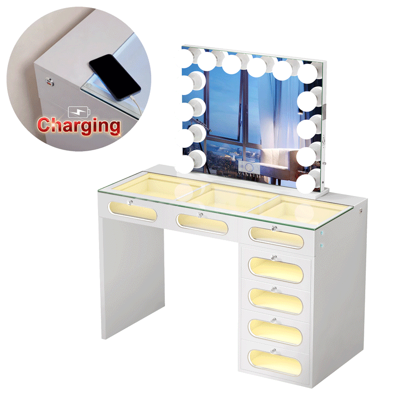 VANITII 7 Glass Fronted Drawers with Hollywood Vanity Mirror