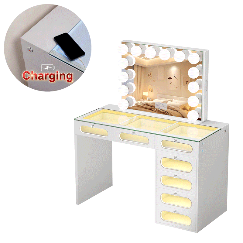 VANITII 7 Glass Fronted Drawers with Hollywood Vanity Mirror