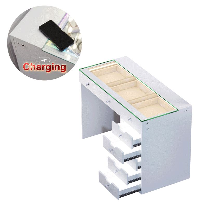 Vanitii Diana RGB vanity desk with glass top storage and wireless phone charging feature