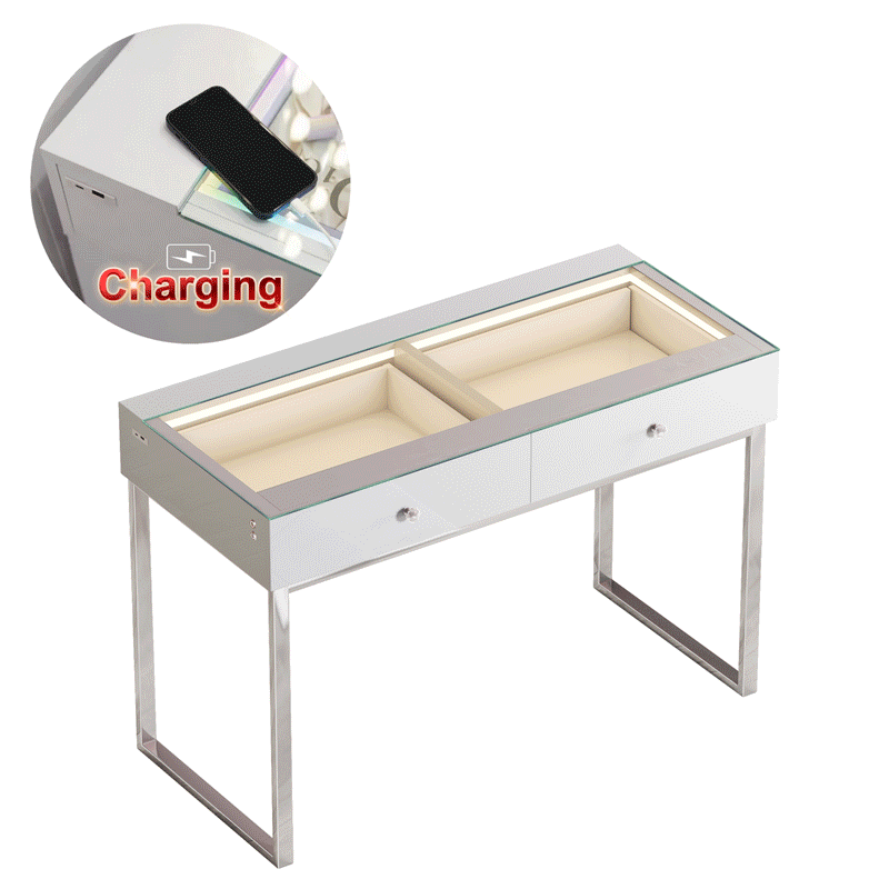 Vanitii Alice RGB vanity desk with two glass top drawers and integrated wireless phone charging