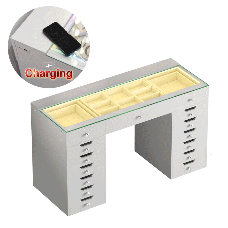 Vanitii Lisa Vanity Desk Pro with glass top jewelry storage and integrated wireless phone charging