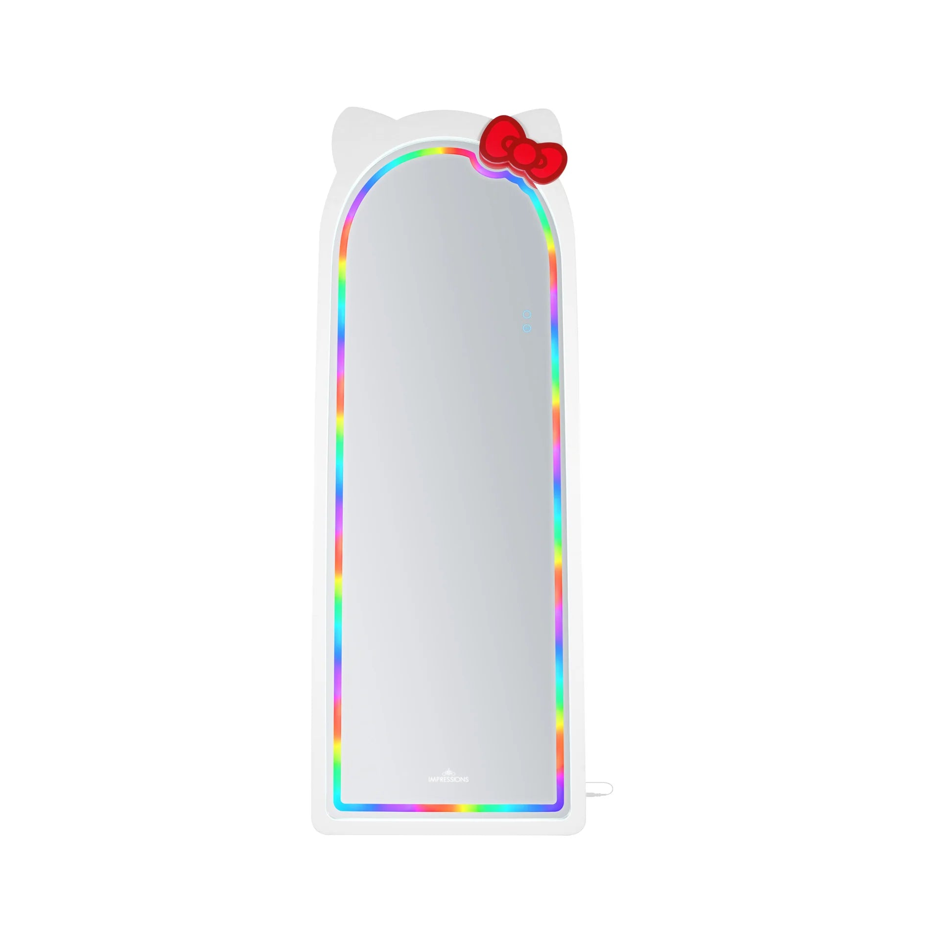 Rectangular mirror with rainbow frame and red bow on a white background