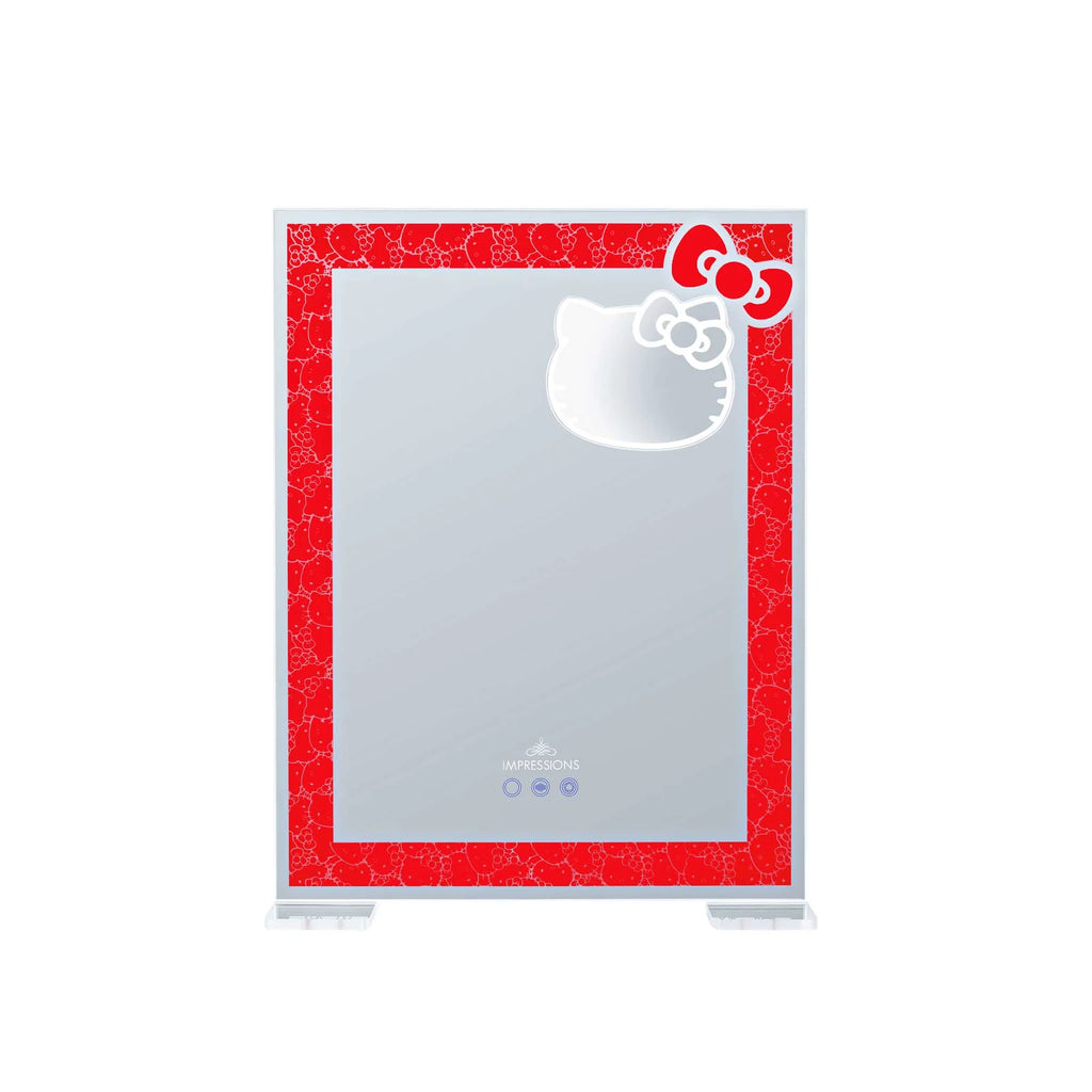 Hello Kitty-themed mirror with floral frame on a white background with red lighting