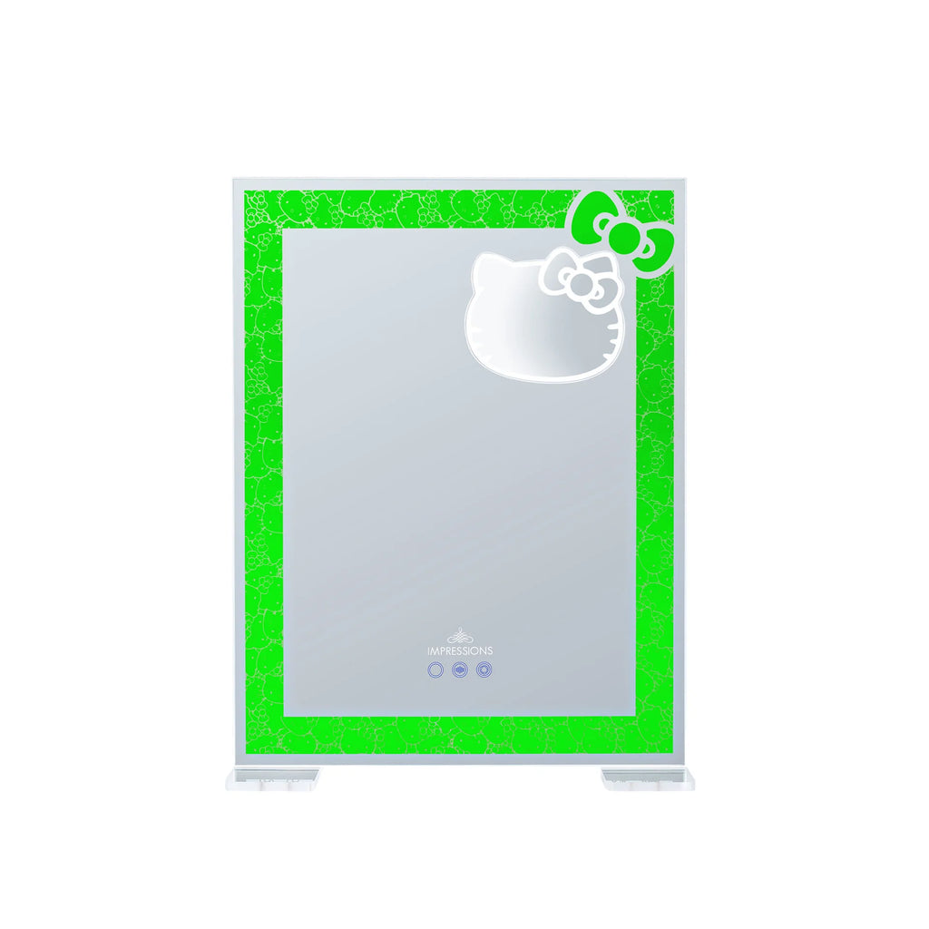Hello Kitty-themed mirror with floral frame on a white background with green lighting