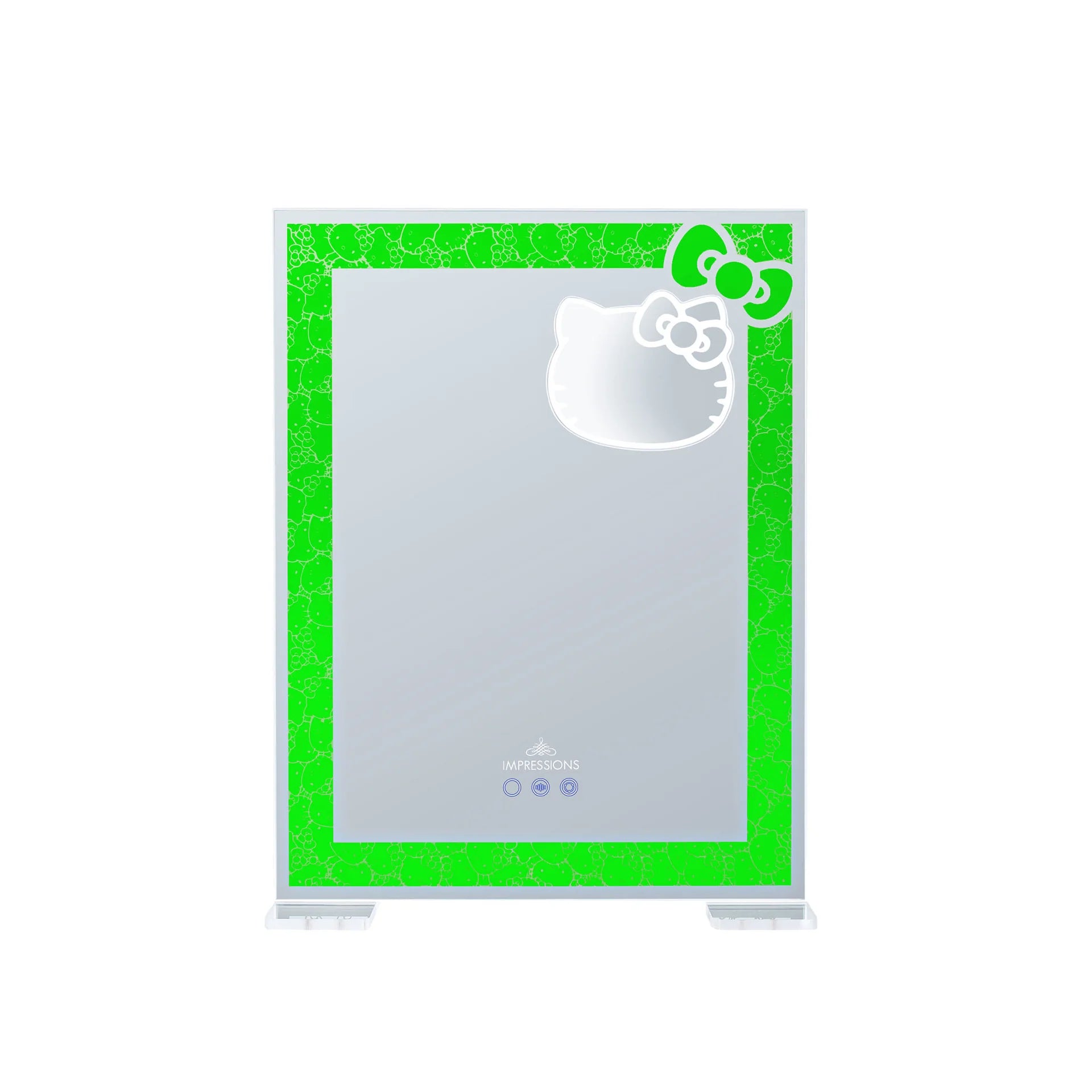 Hello Kitty-themed mirror with floral frame on a white background with green lighting