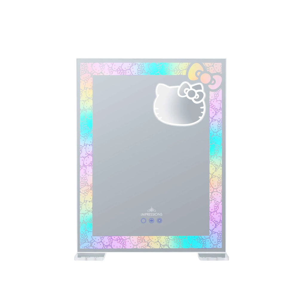 Hello Kitty-themed mirror with floral frame on a white background, rainbow with 3x mini mirror