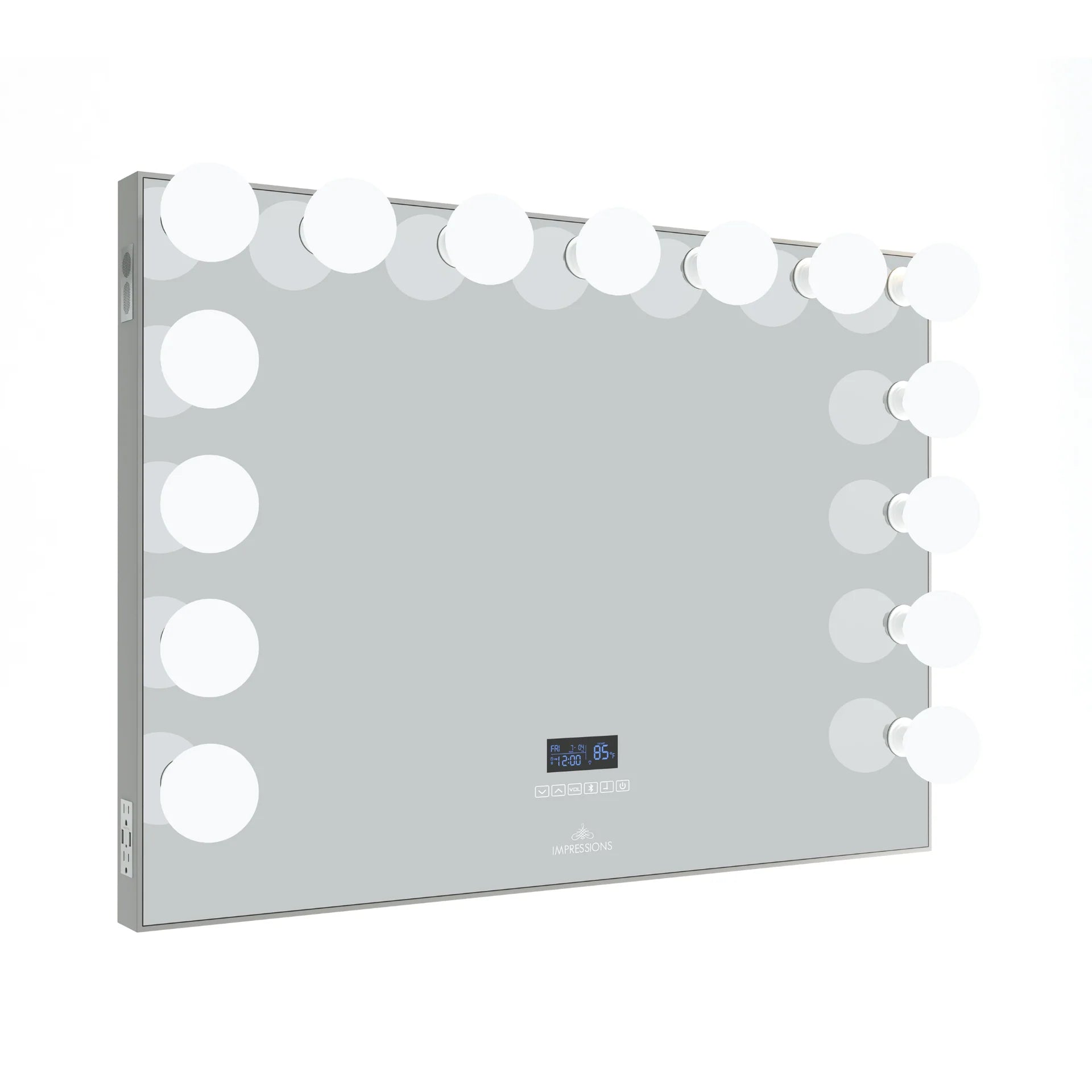 Large Hollywood-style vanity mirror with bright LED globe bulbs, touch controls, built-in digital clock display, Bluetooth speaker, and side power outlets.