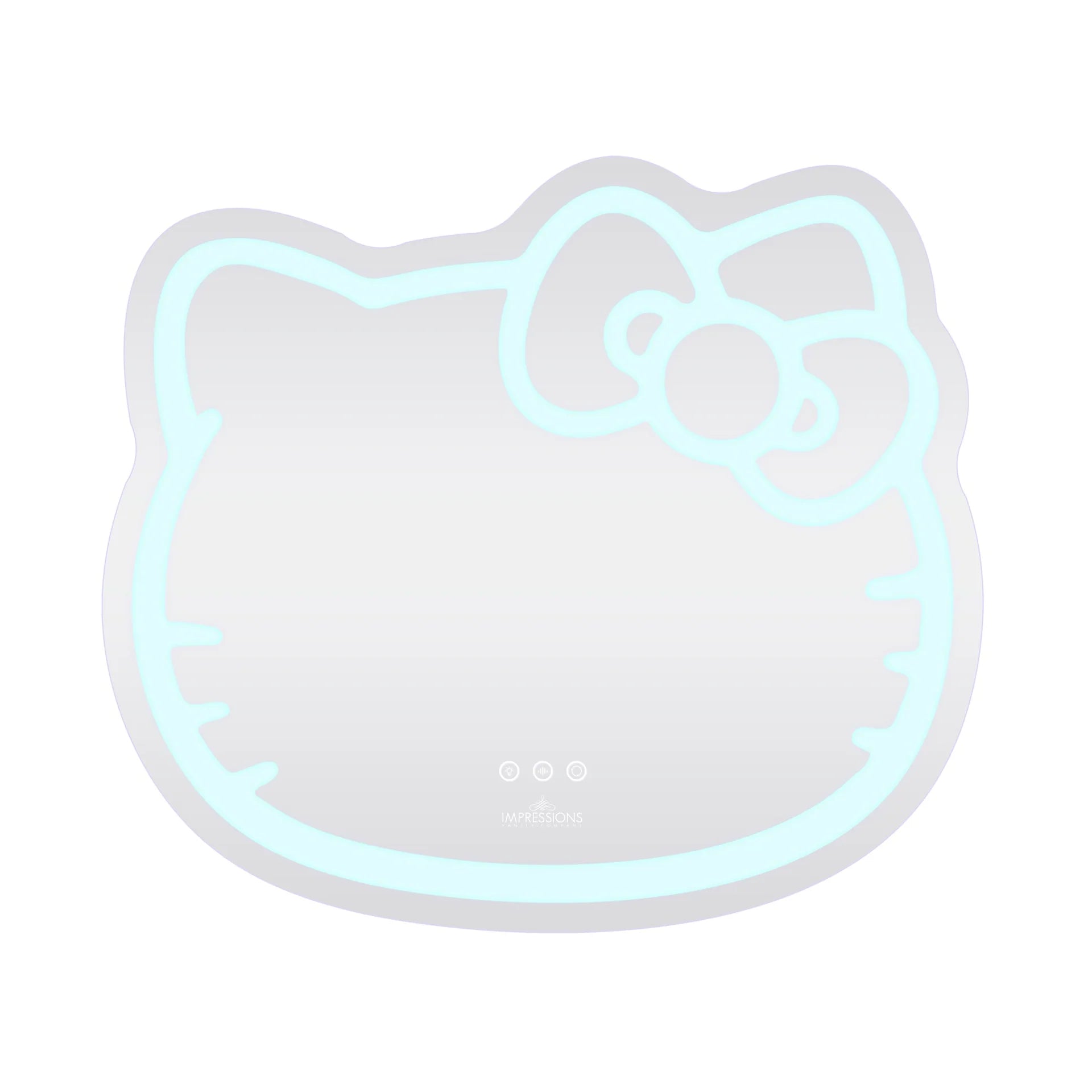 Neon sign shaped like a cat's face with a bow, glowing in blue on a white background