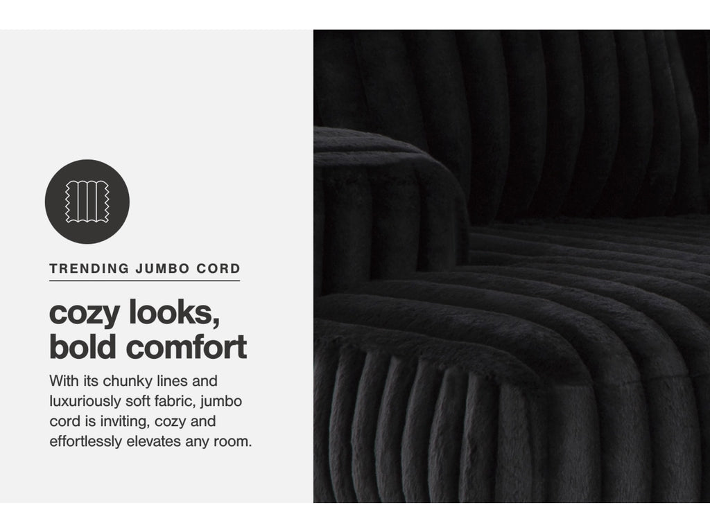 Black textured fabric with text describing its cozy and bold comfort features.