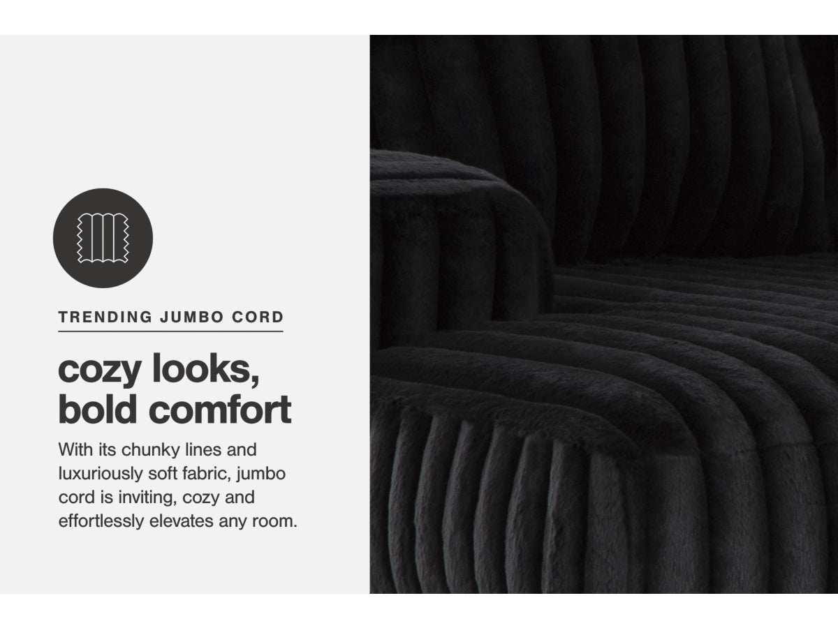 Black textured fabric with text describing its cozy and bold comfort features.