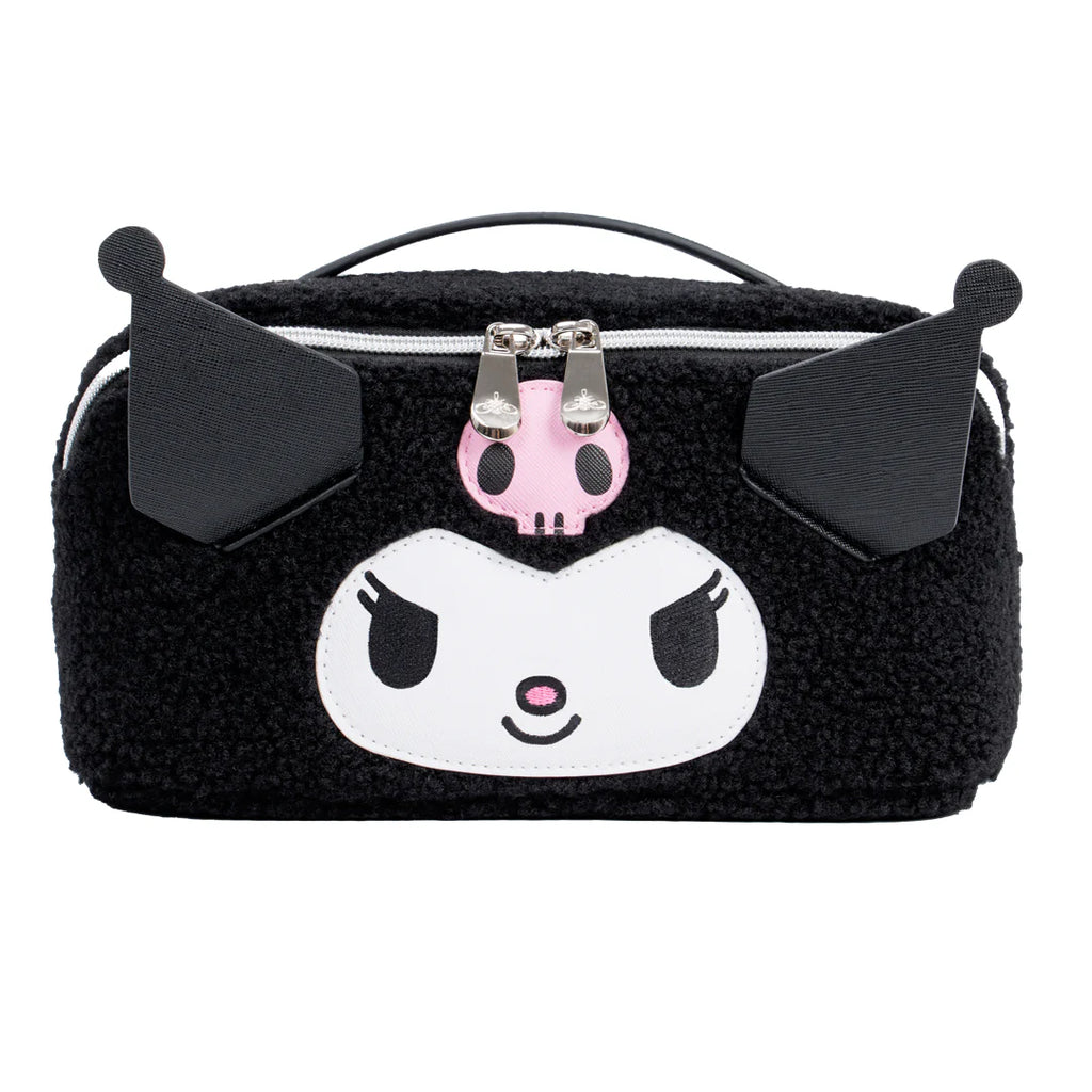 Black plush bag with a cartoon face design on a white background