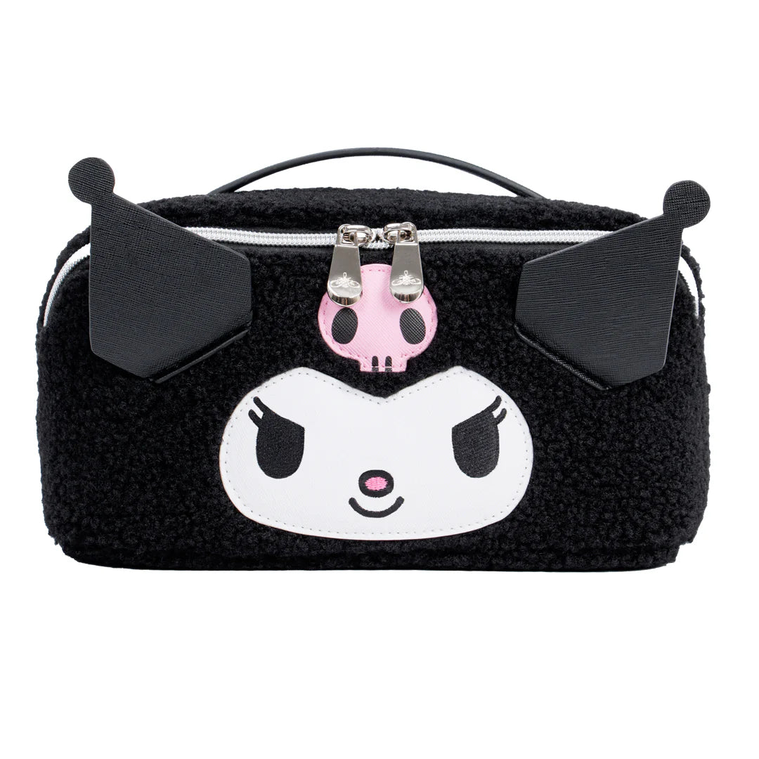 Black plush bag with a cartoon face design on a white background