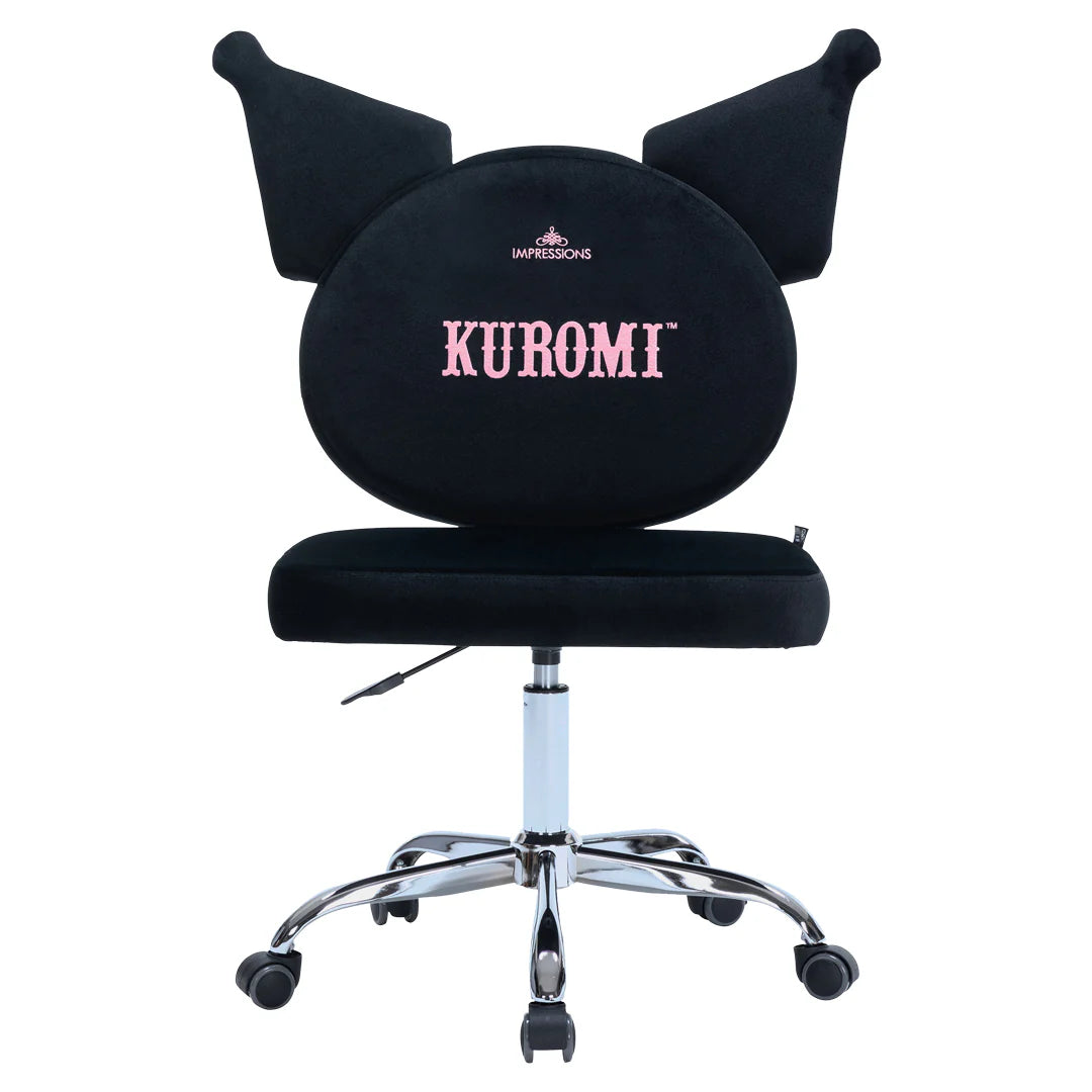 Black office chair with cat ears and 'Kuromi' branding on a white background