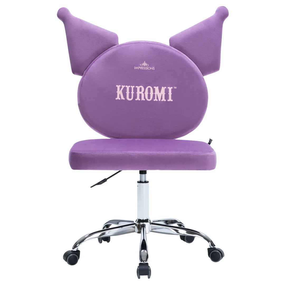Purple chair with cat ears and 'Kuromi' branding on a white background