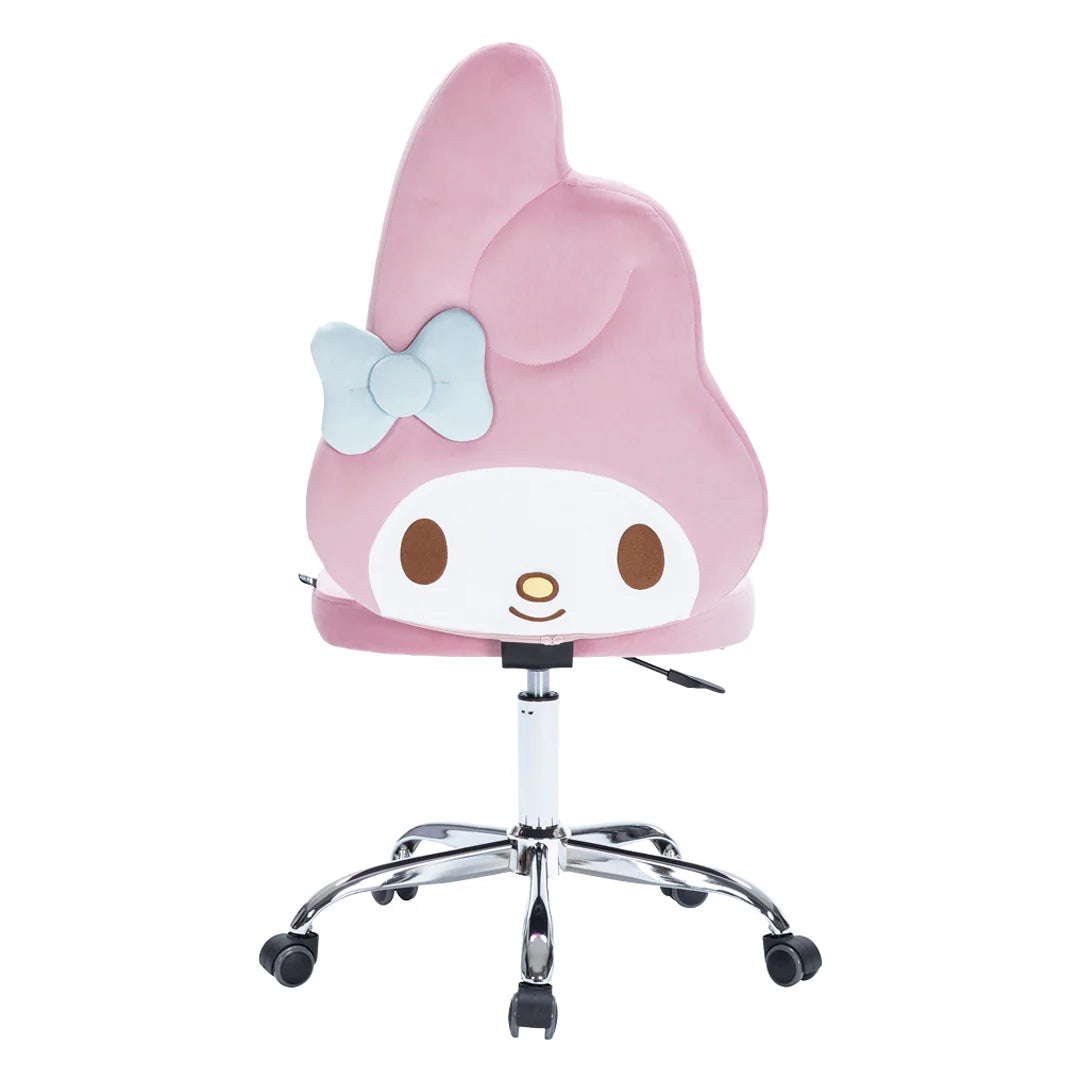 Pink cartoon character chair with a bow on a white background