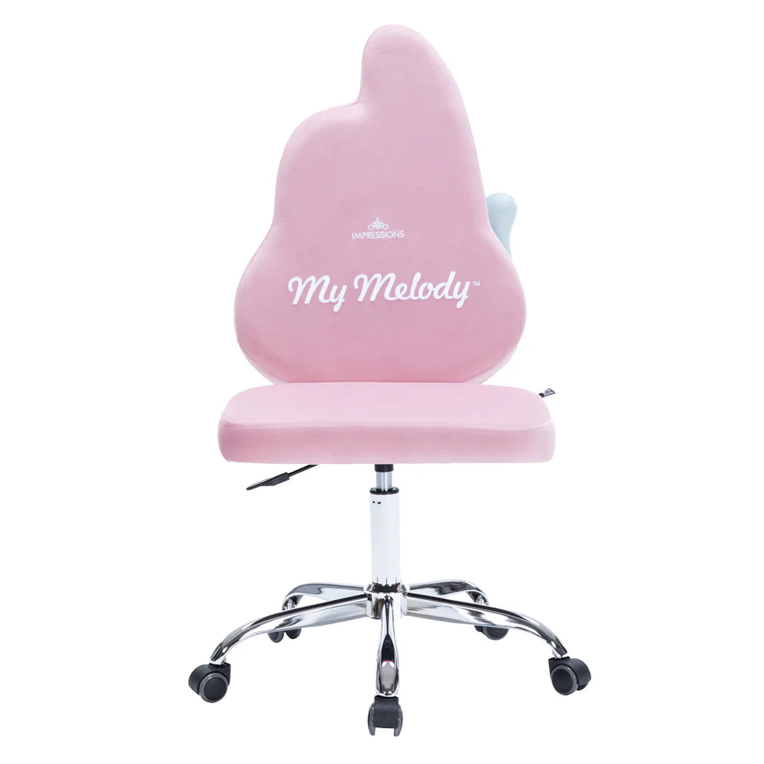 Pink office chair with 'My Melody' branding on a white background
