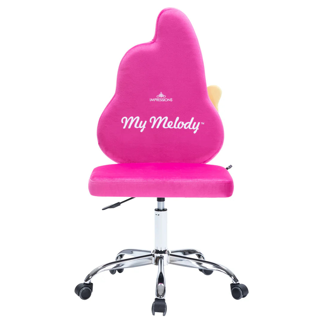 Pink office chair with 'My Melody' branding on a white background