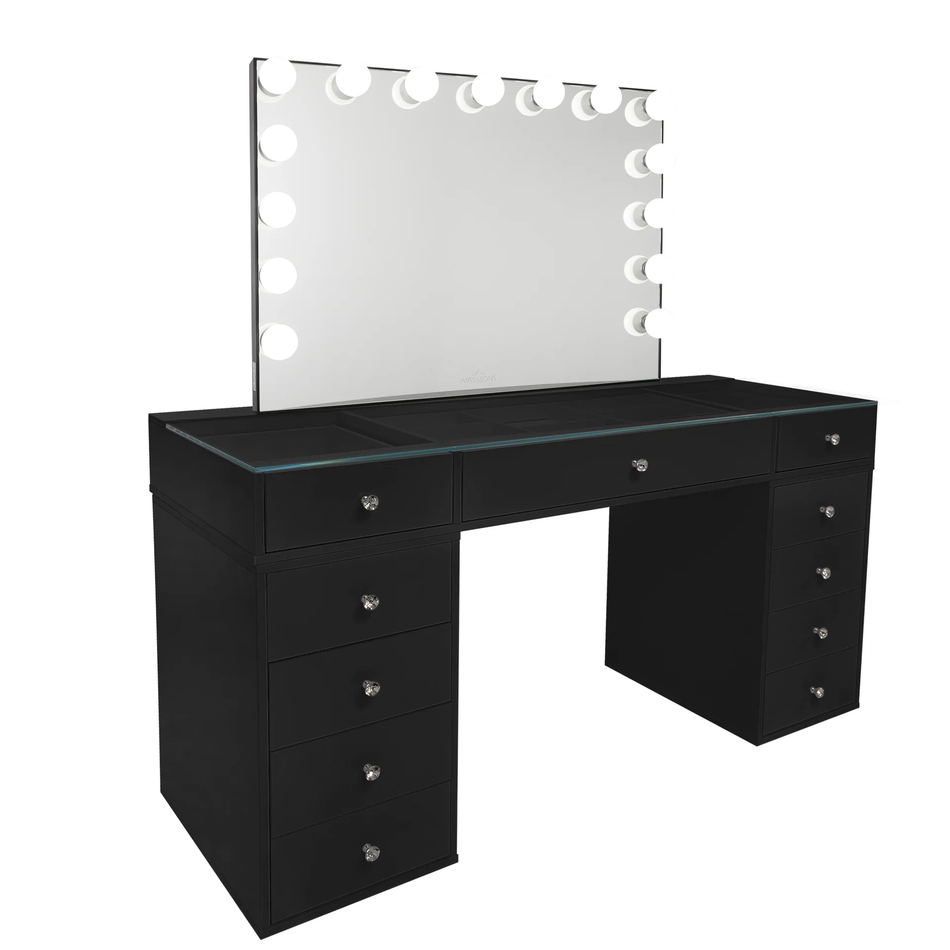 Black vanity desk with mirror and lights on a white background