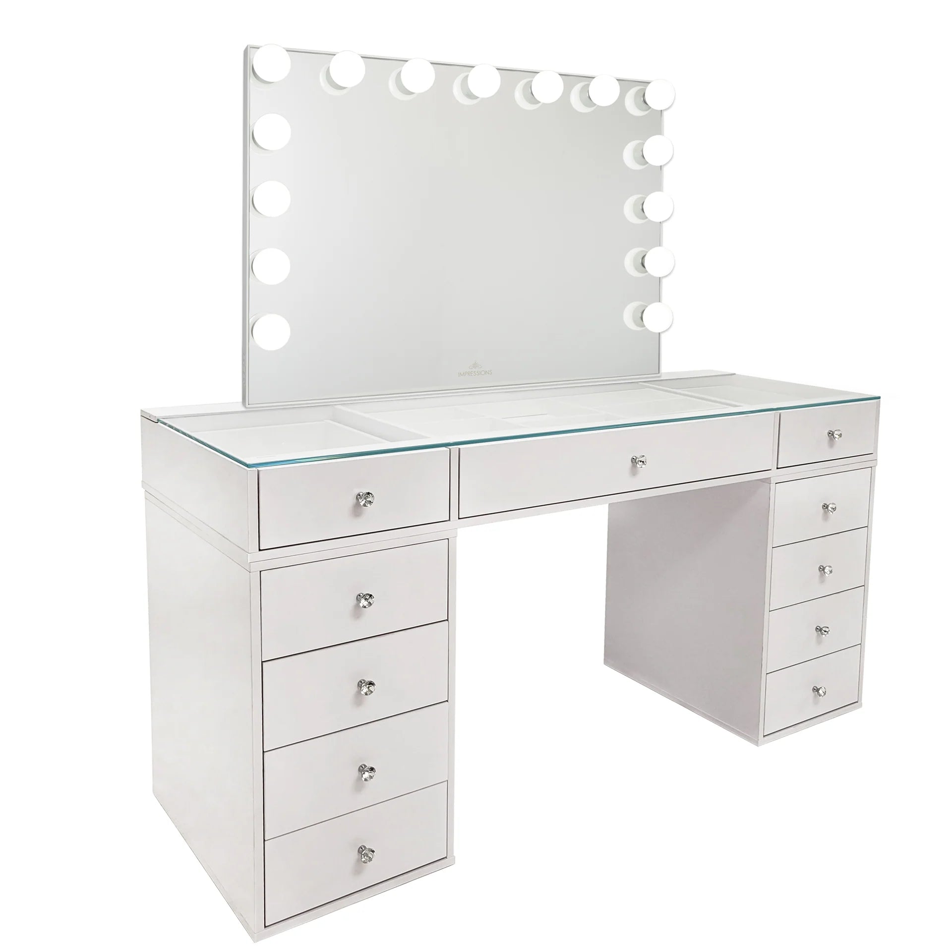 White vanity desk with mirror and multiple drawers on a white background