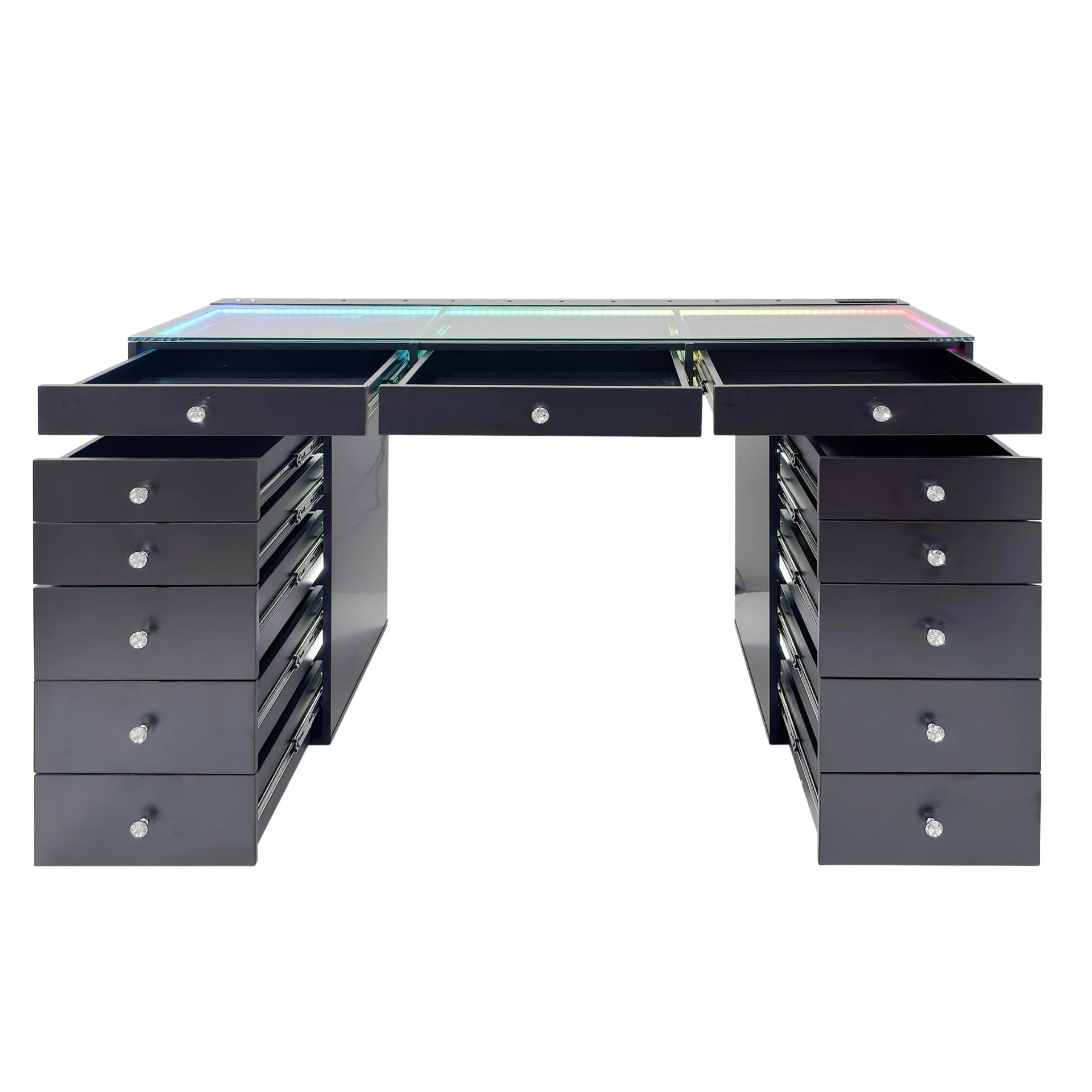 Black desk with multiple drawers on a white background