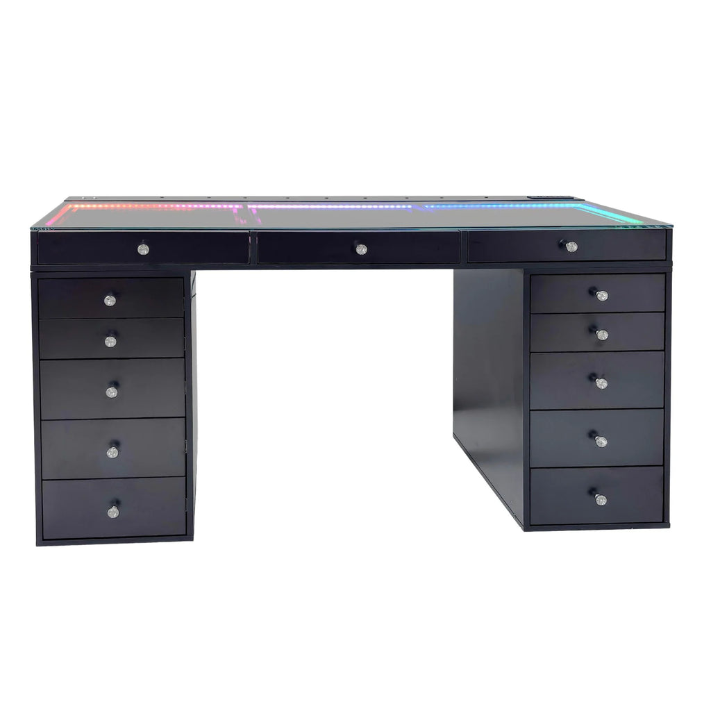 Black desk with multiple drawers on a white background