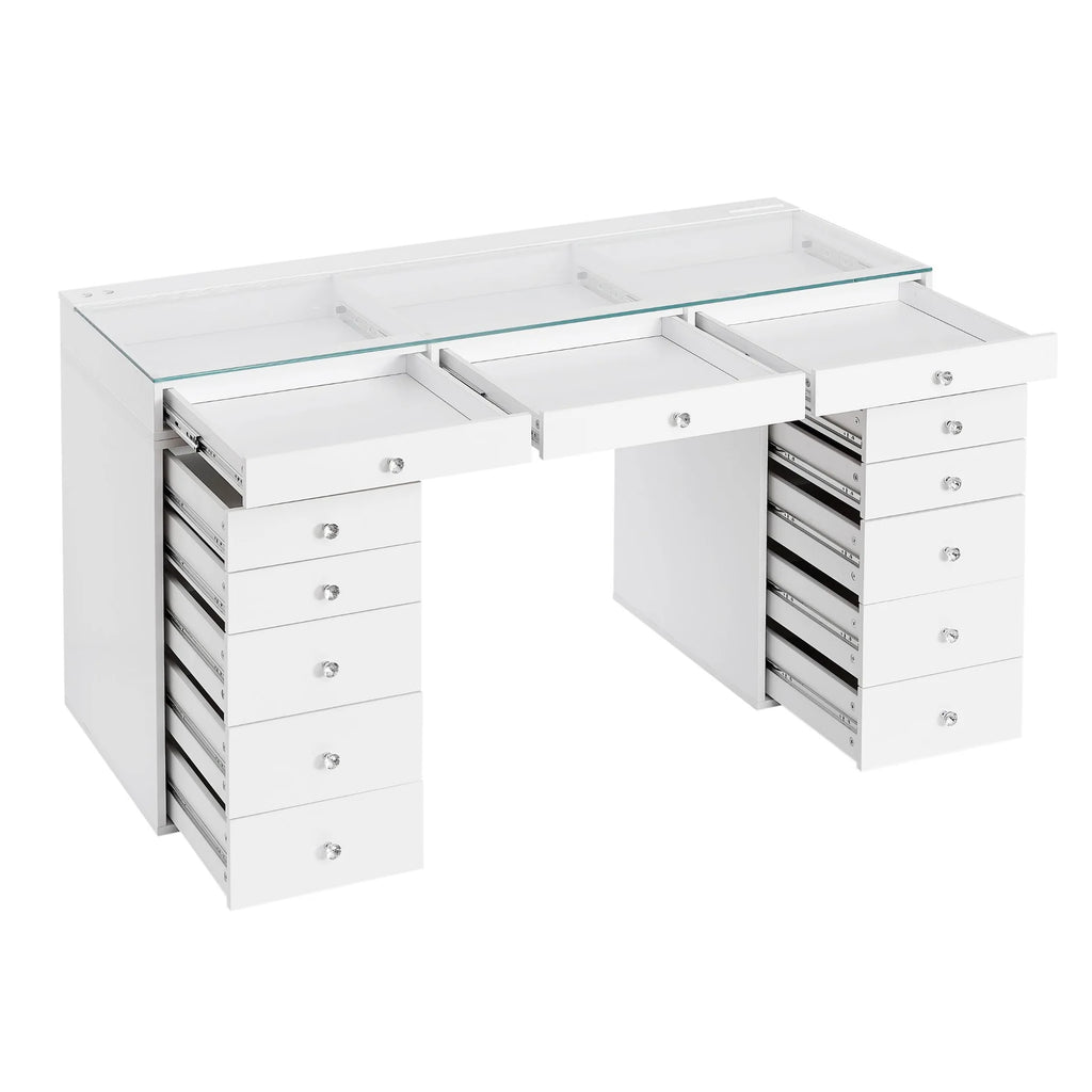 White vanity desk with glass top on a white background