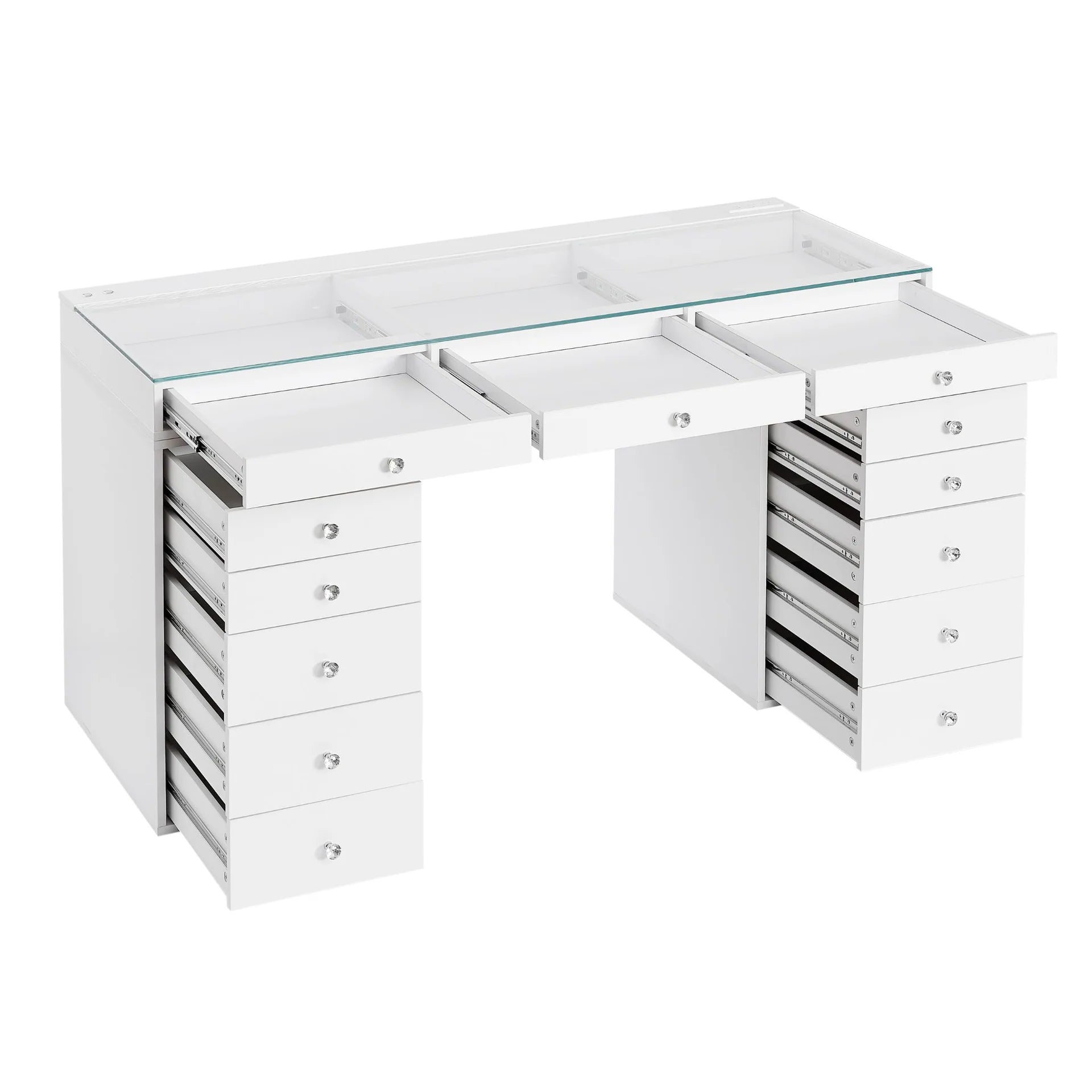 White vanity desk with glass top on a white background