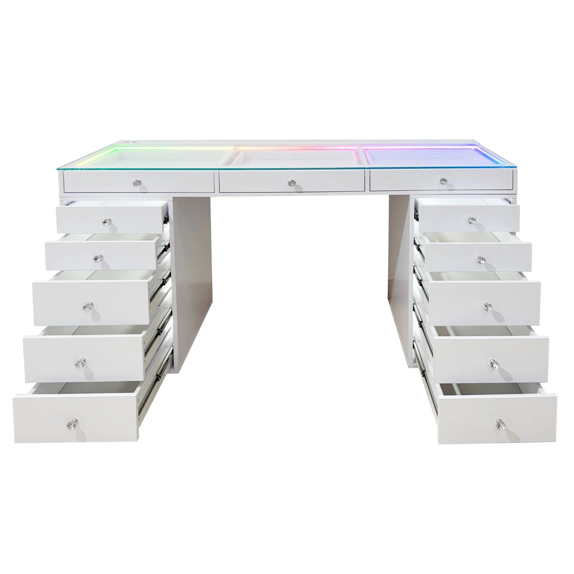 White desk with multiple drawers and a colorful top on a white background
