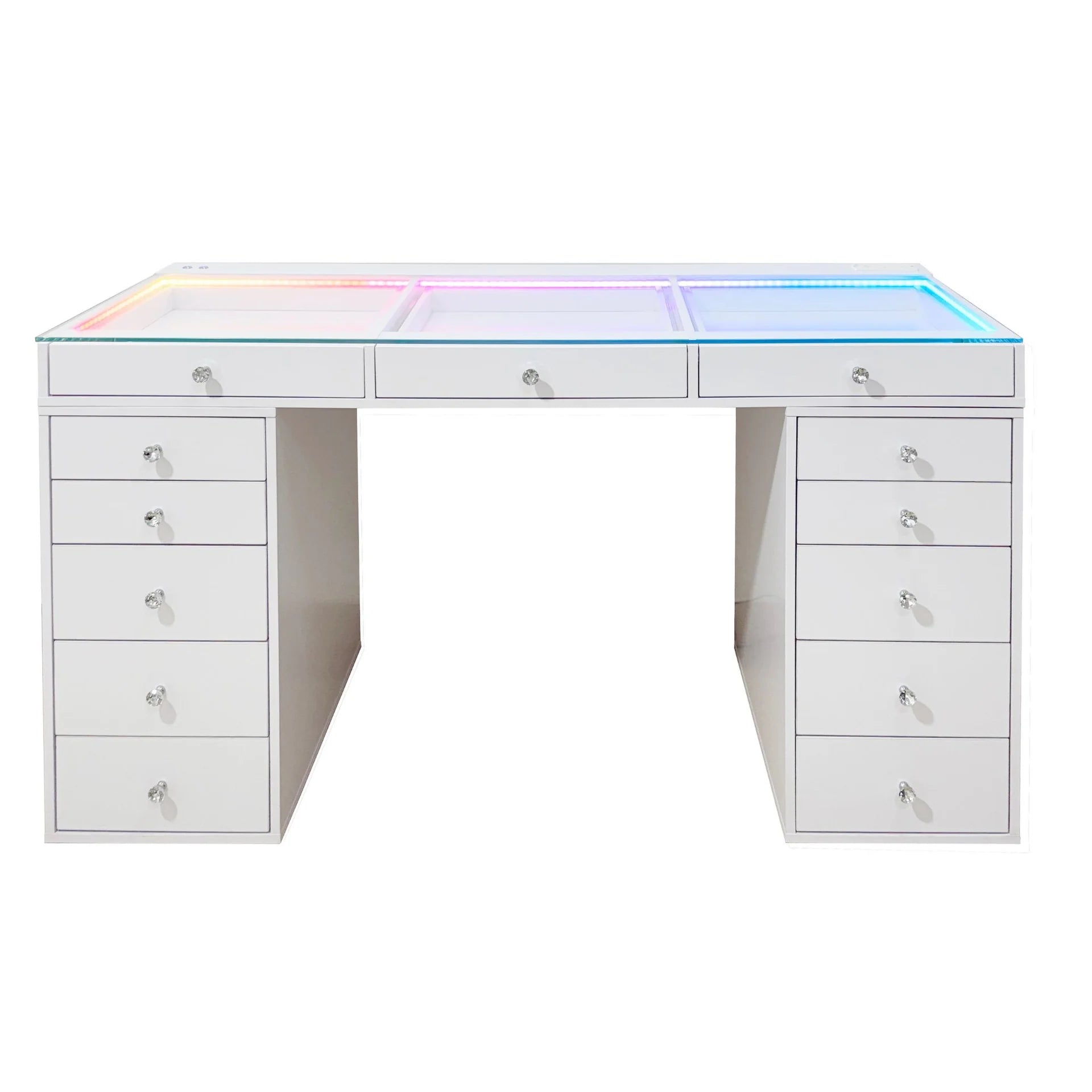 White desk with glass top and LED lighting on a white background