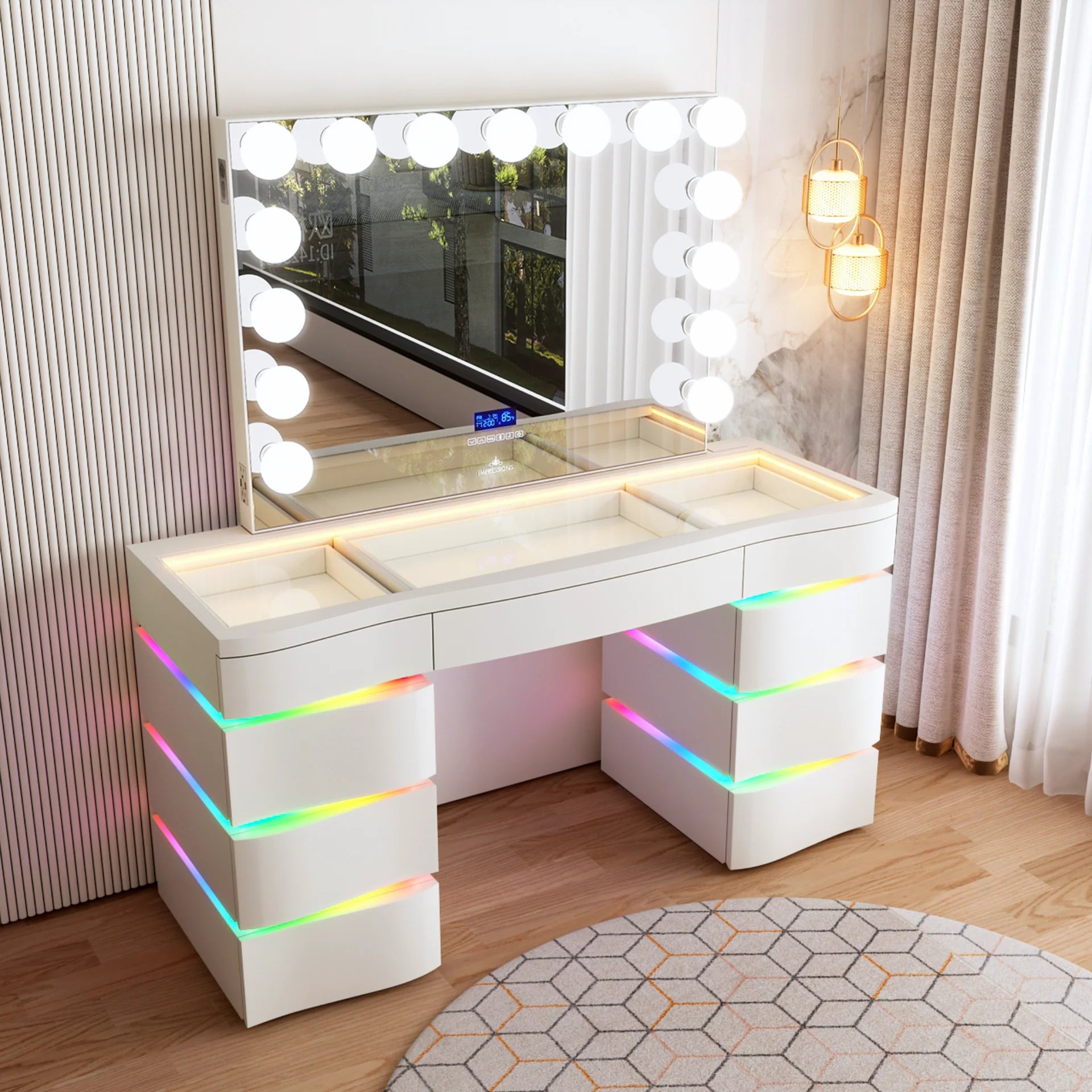 Modern white LED makeup vanity with RGB drawer lighting, glass top storage compartments, and Hollywood mirror bulbs in a luxury bedroom setup.