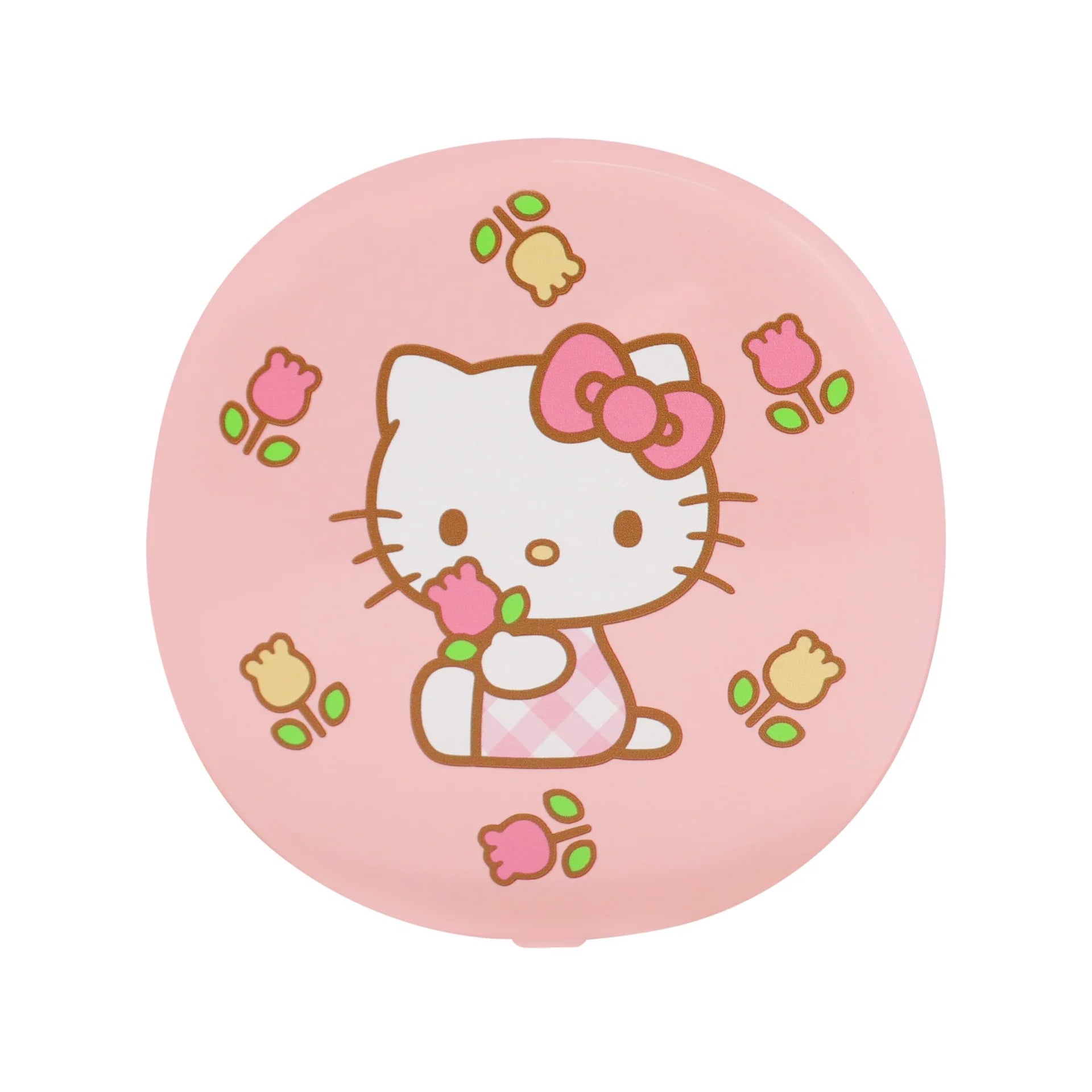 Circular pink badge with a cartoon cat character and floral designs on a white background
