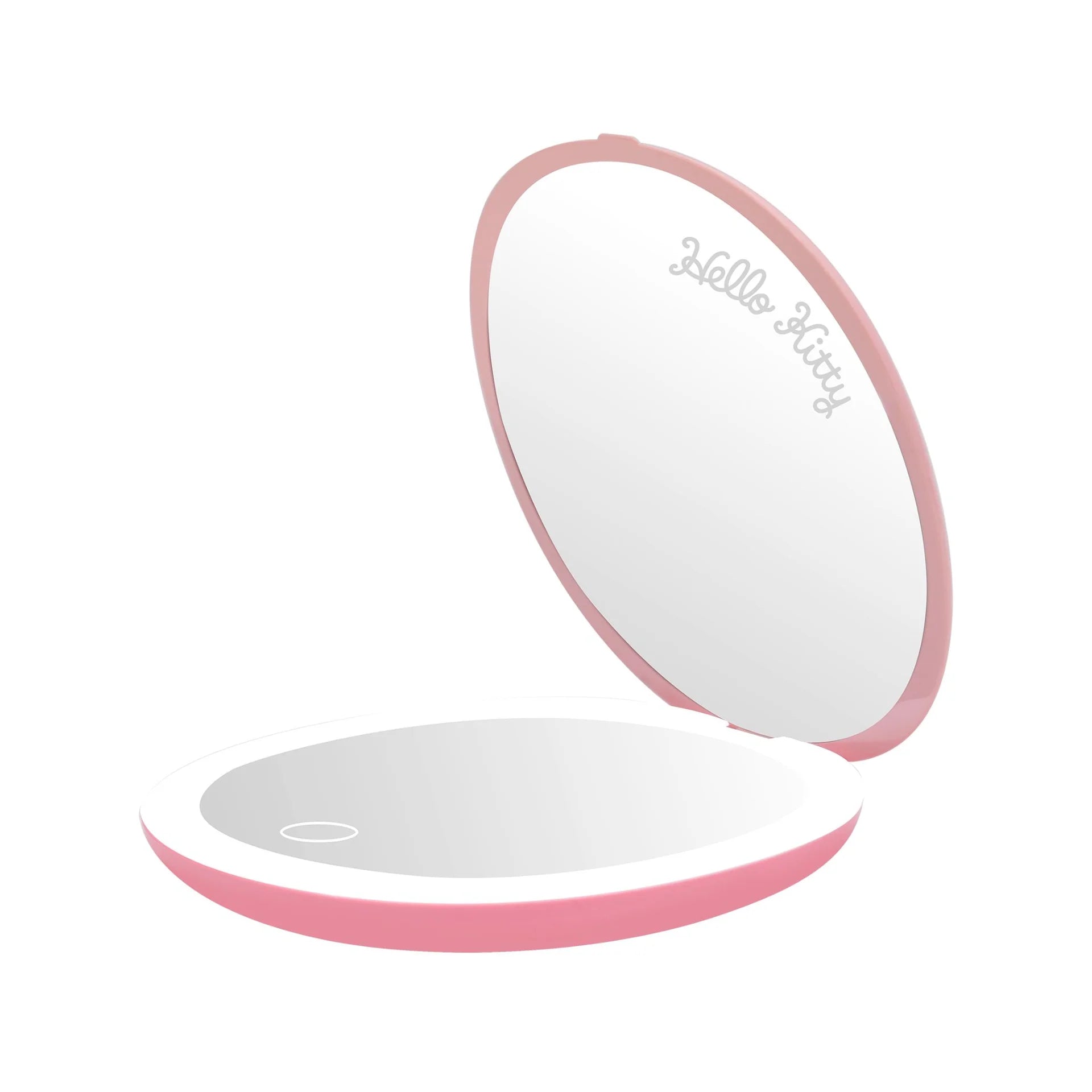 Pink and white compact mirror with 'Hello Kitty' branding on a white background
